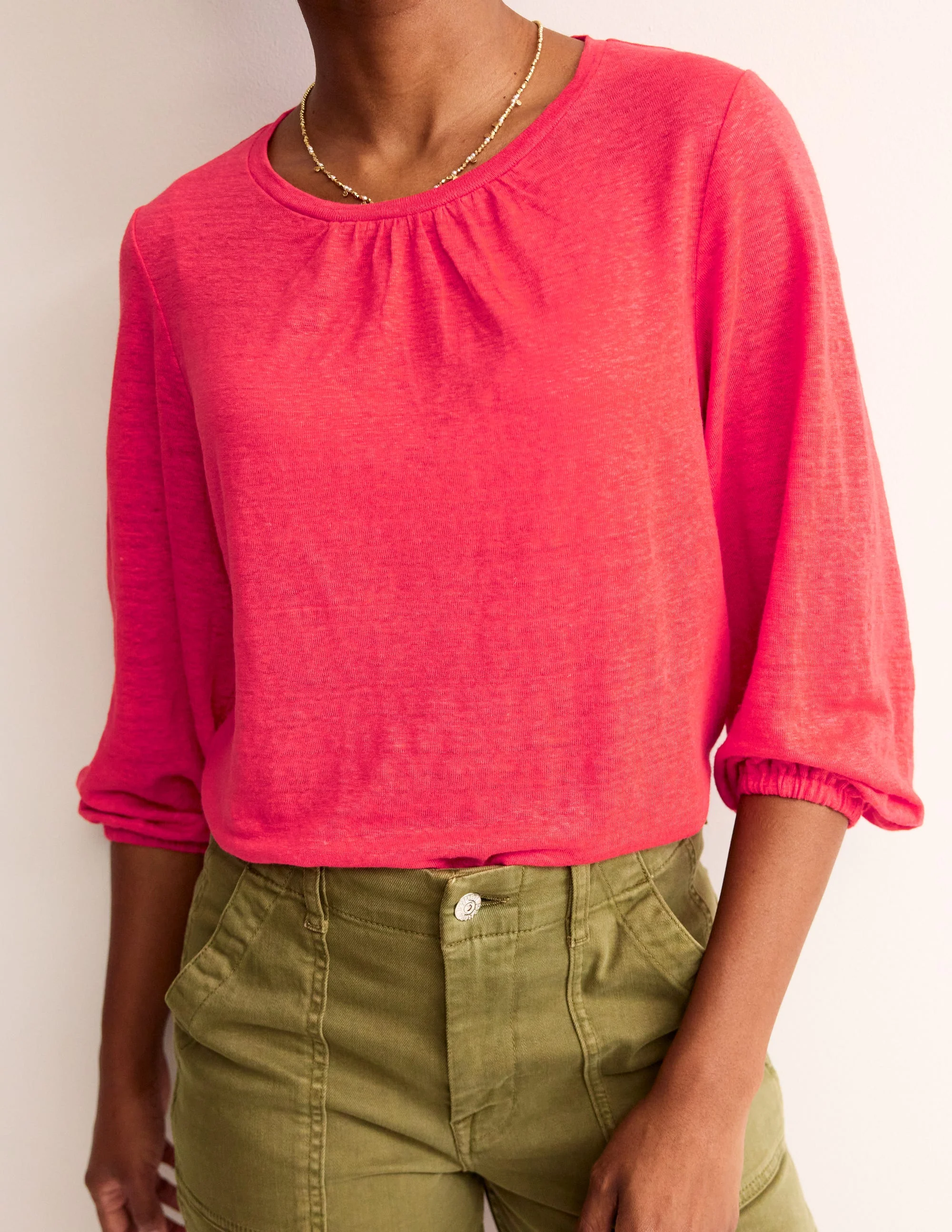 Gathered Neck Linen Jersey Top-Hibiscus - Image 2