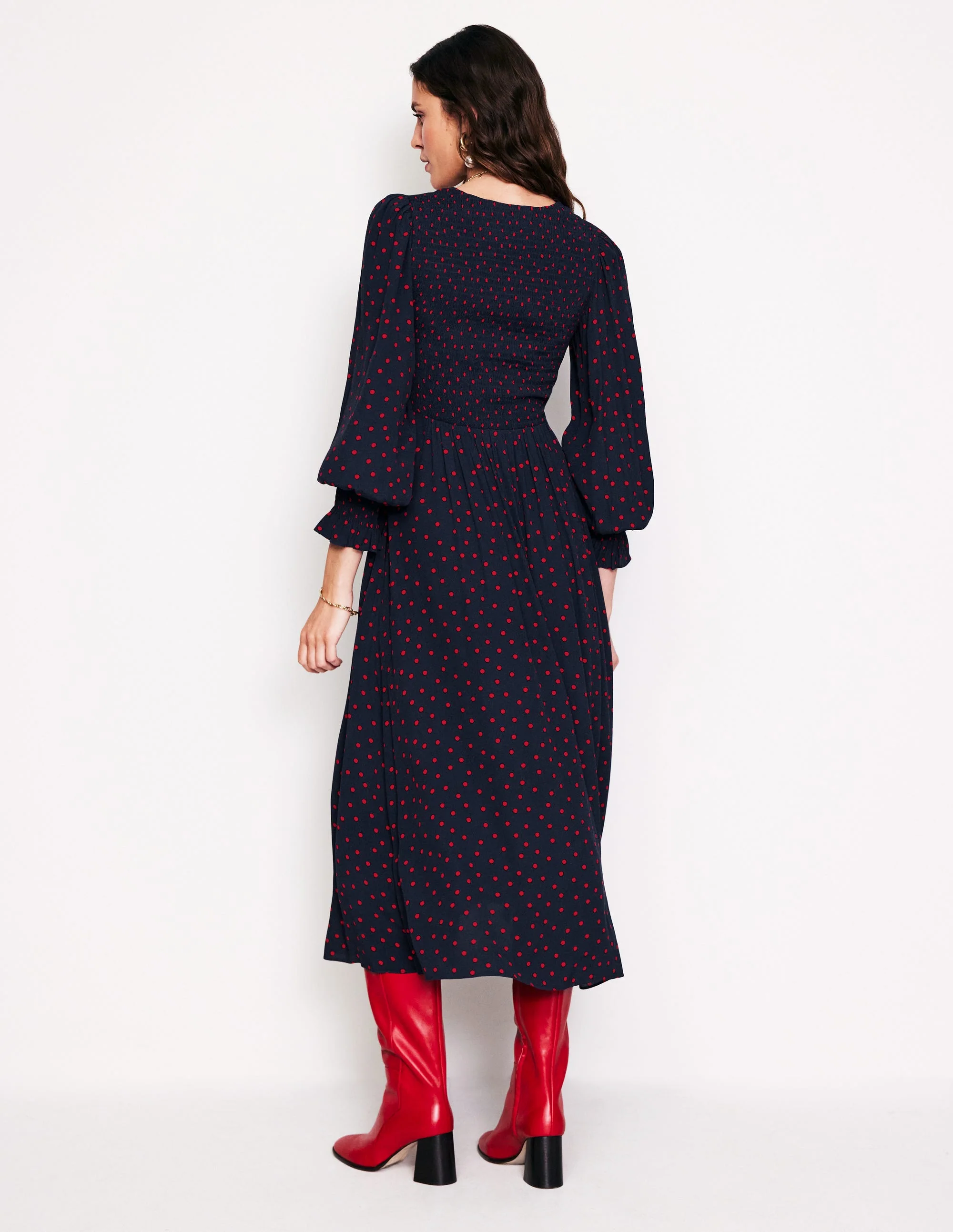 Gemma Smocked Midi Dress-High Risk Red, Abstract Dot - Image 3