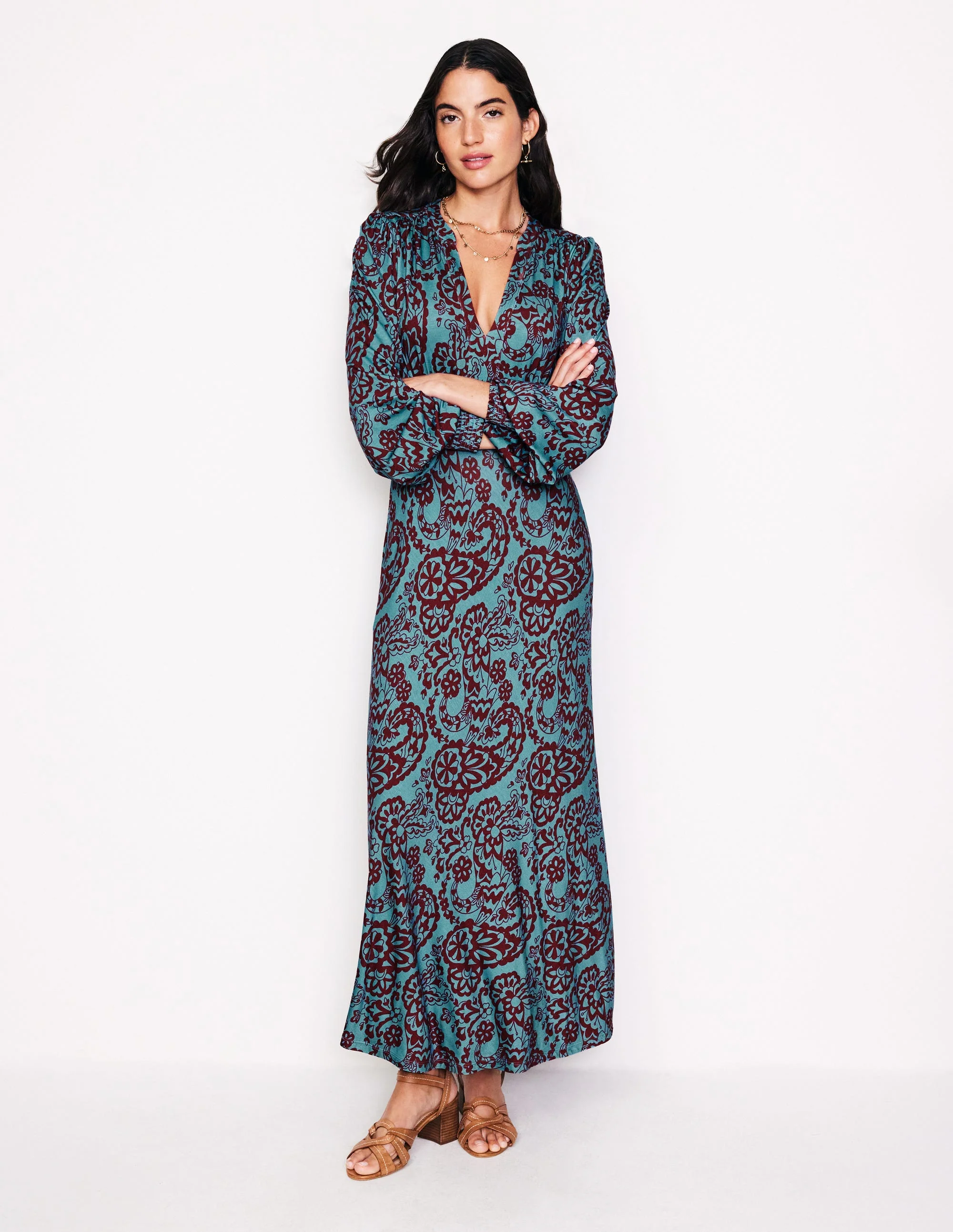 Georgia Jersey Midi Dress-Blue Grass, Paisley Cascade