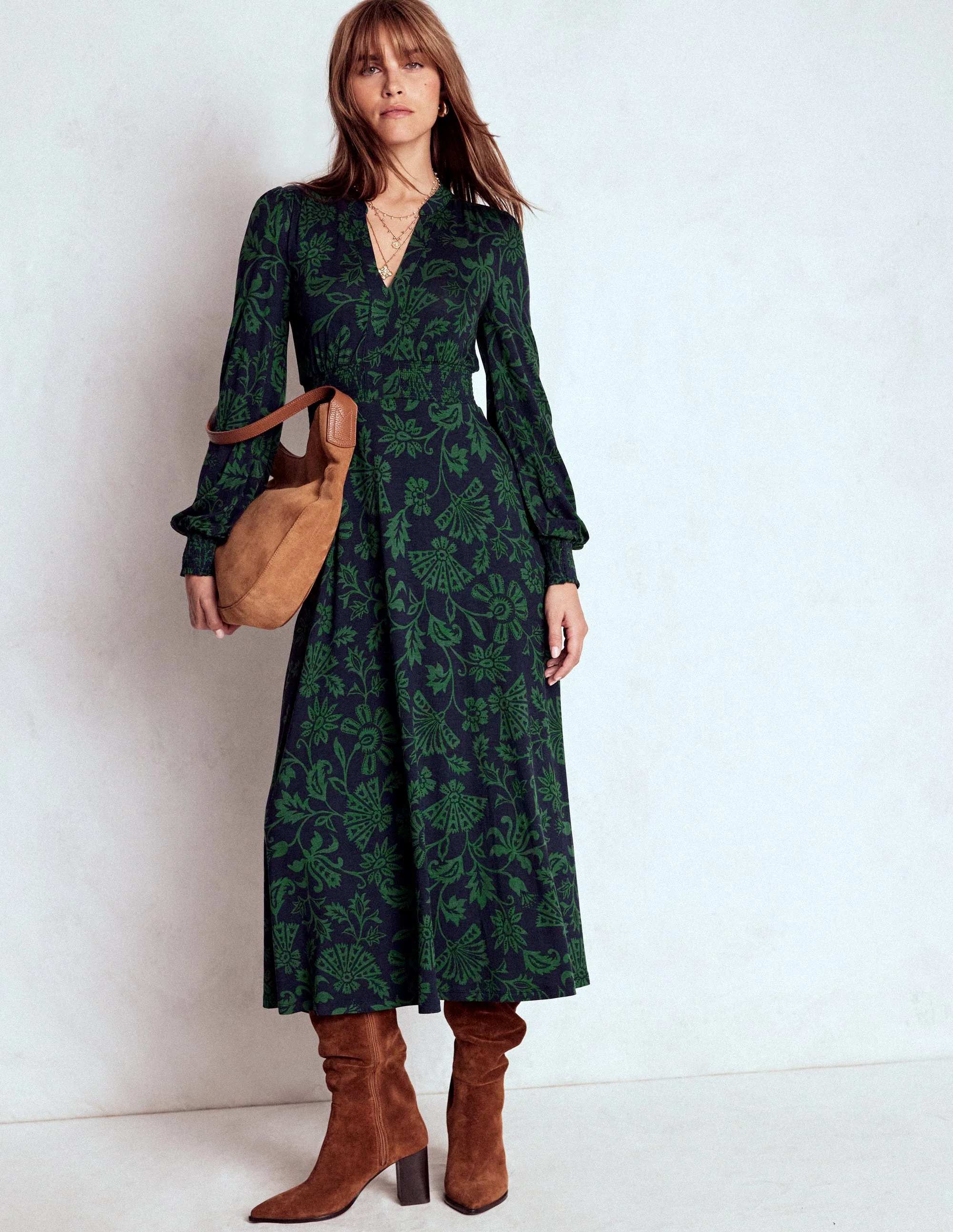 Georgia Jersey Midi Dress-Dark Navy, Elaborate Vine - Image 4