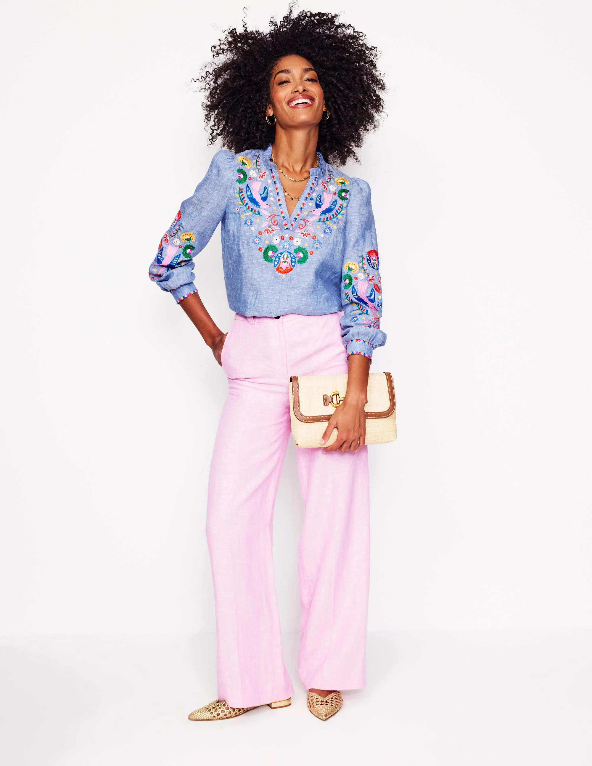Grace Linen Top-Chambray, Embroidered Birds - Image 5