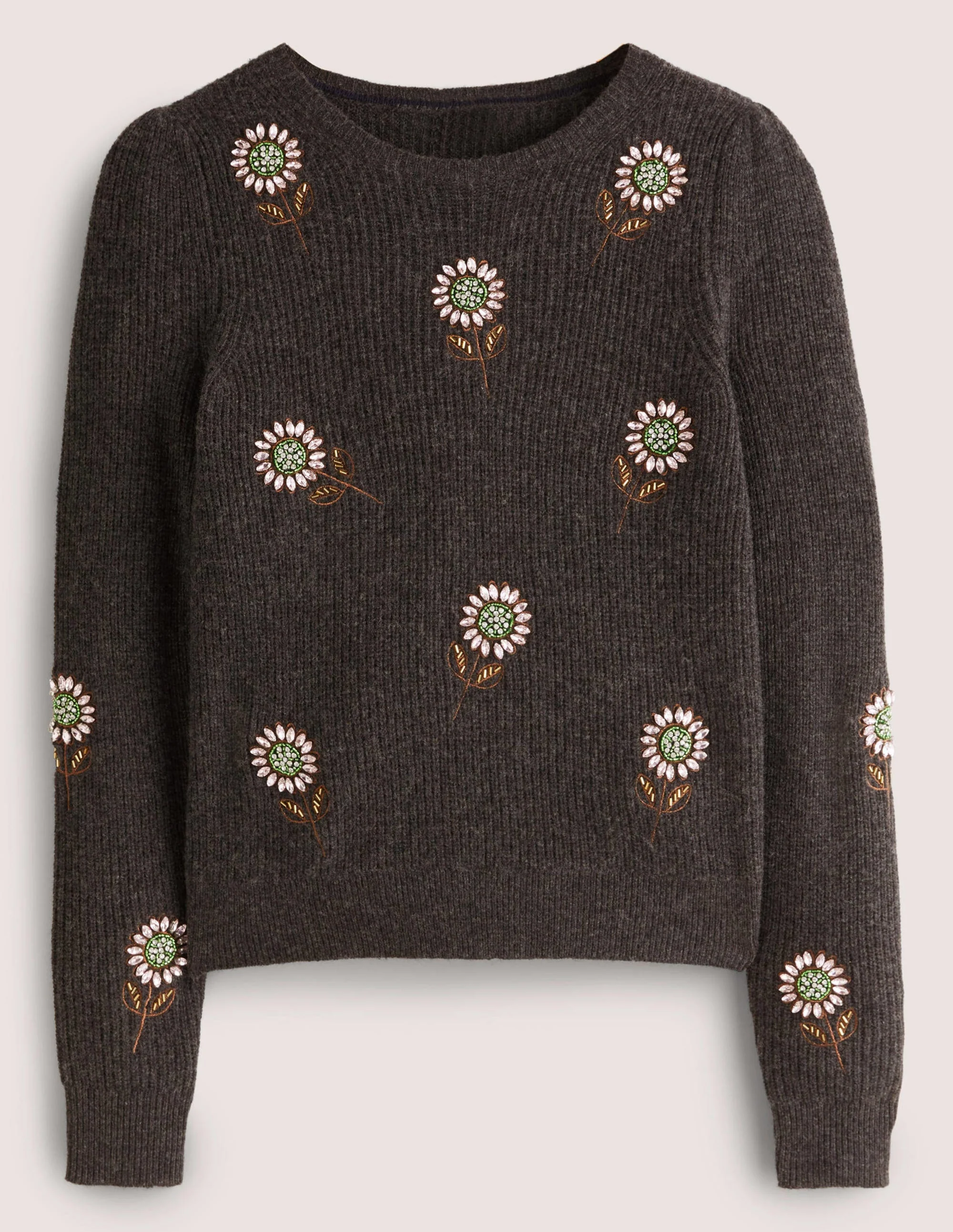 Grey Embellished Flower Ribbed Jumper-Charcoal, Embellished Flowers - Image 6