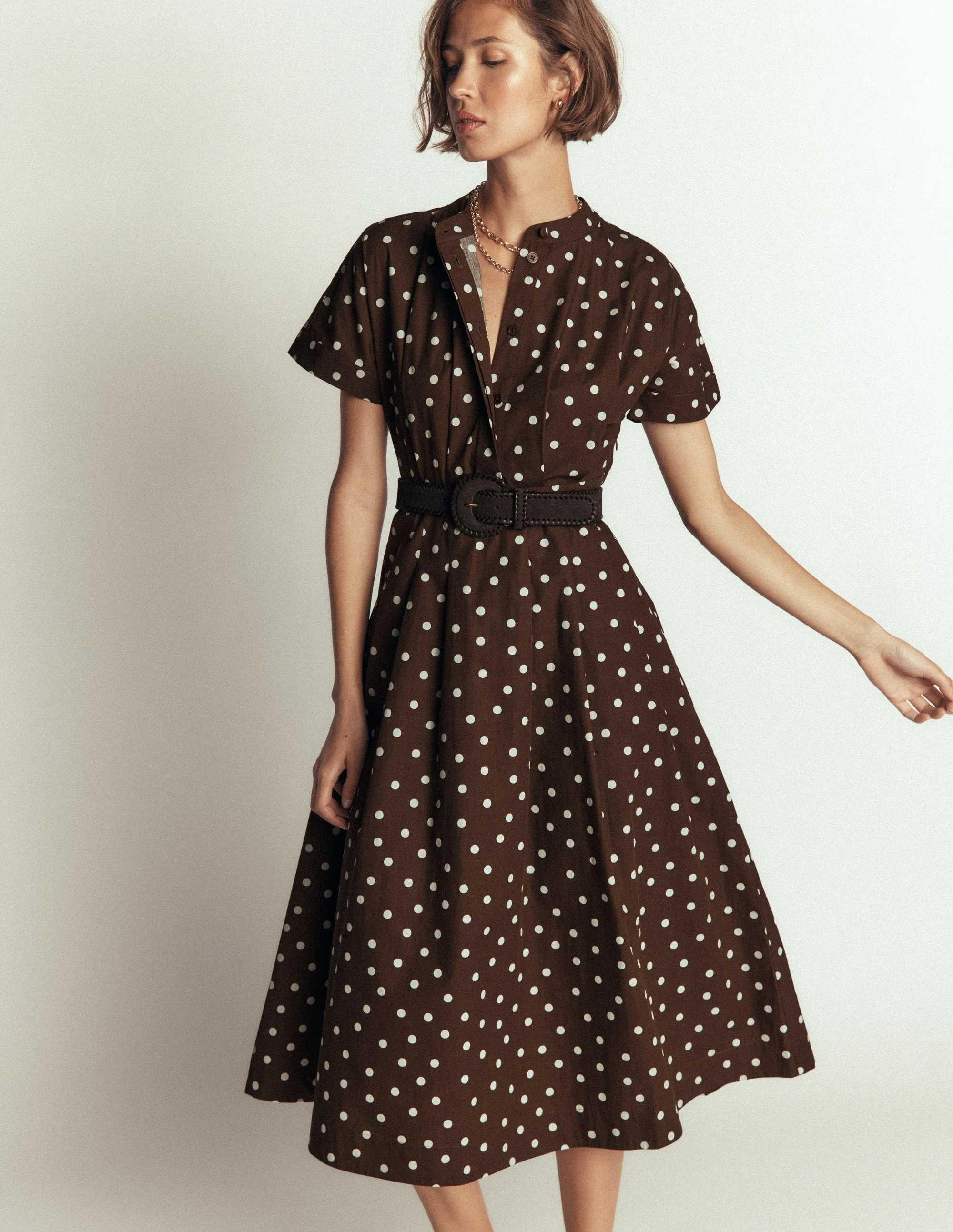 Grown On Sleeve Midi Dress-Raw Umber, Painted Dot Spaced