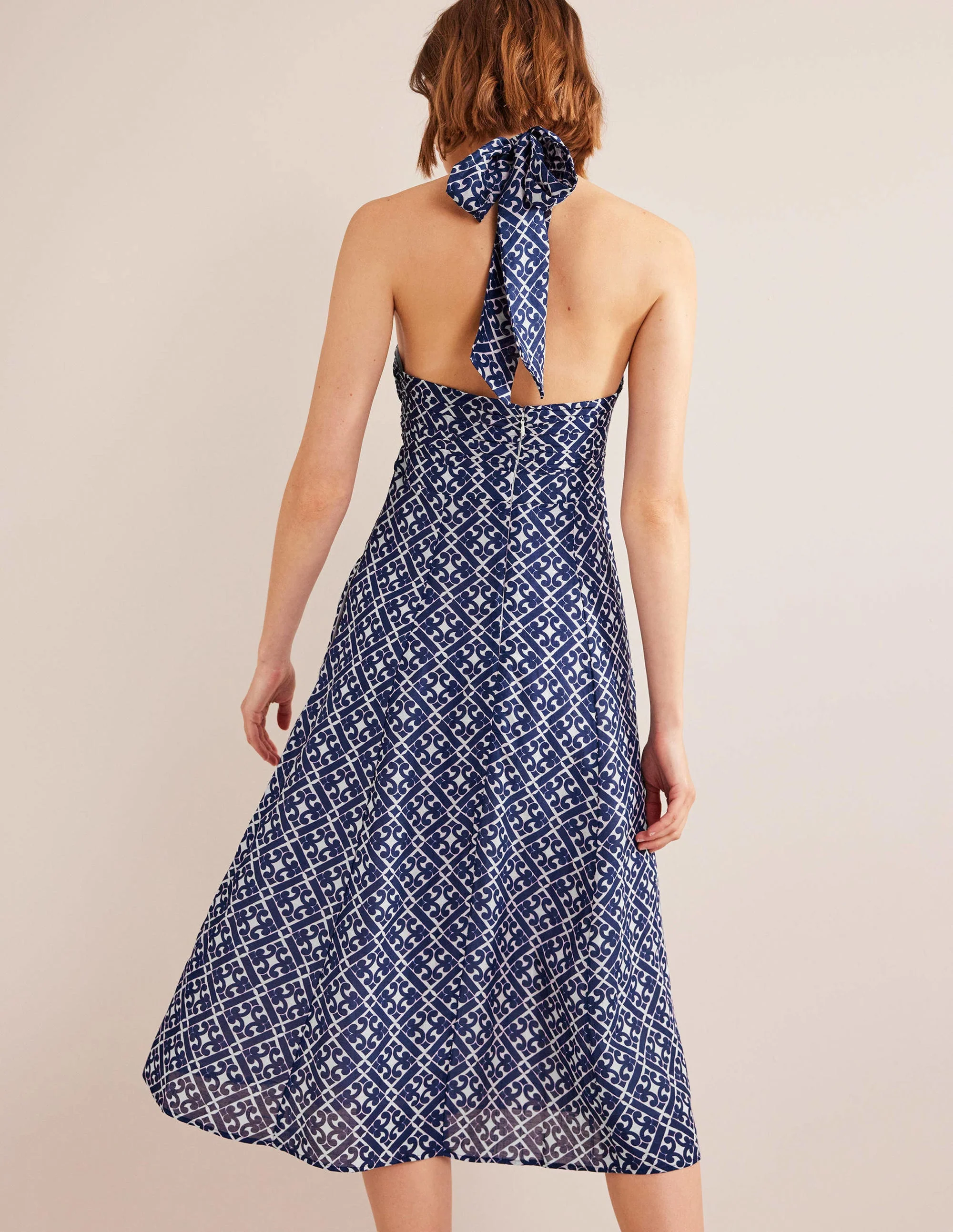 Halterneck Cut Out Midi Dress-Prussian Blue, Tranquil Geo - Image 3
