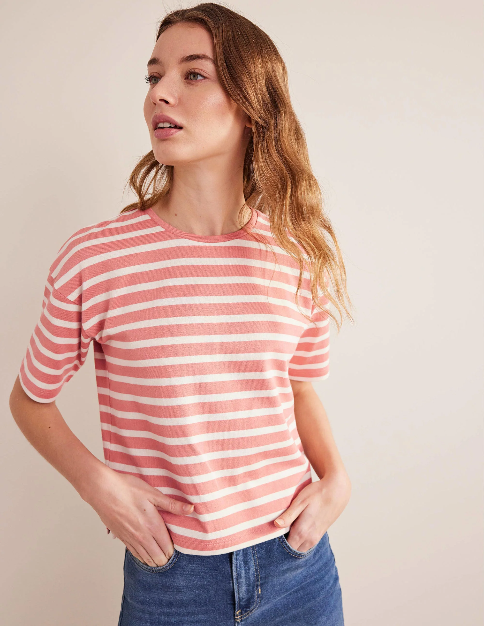 Heavyweight Breton T-Shirt-Rose Pink/Ivory Stripe