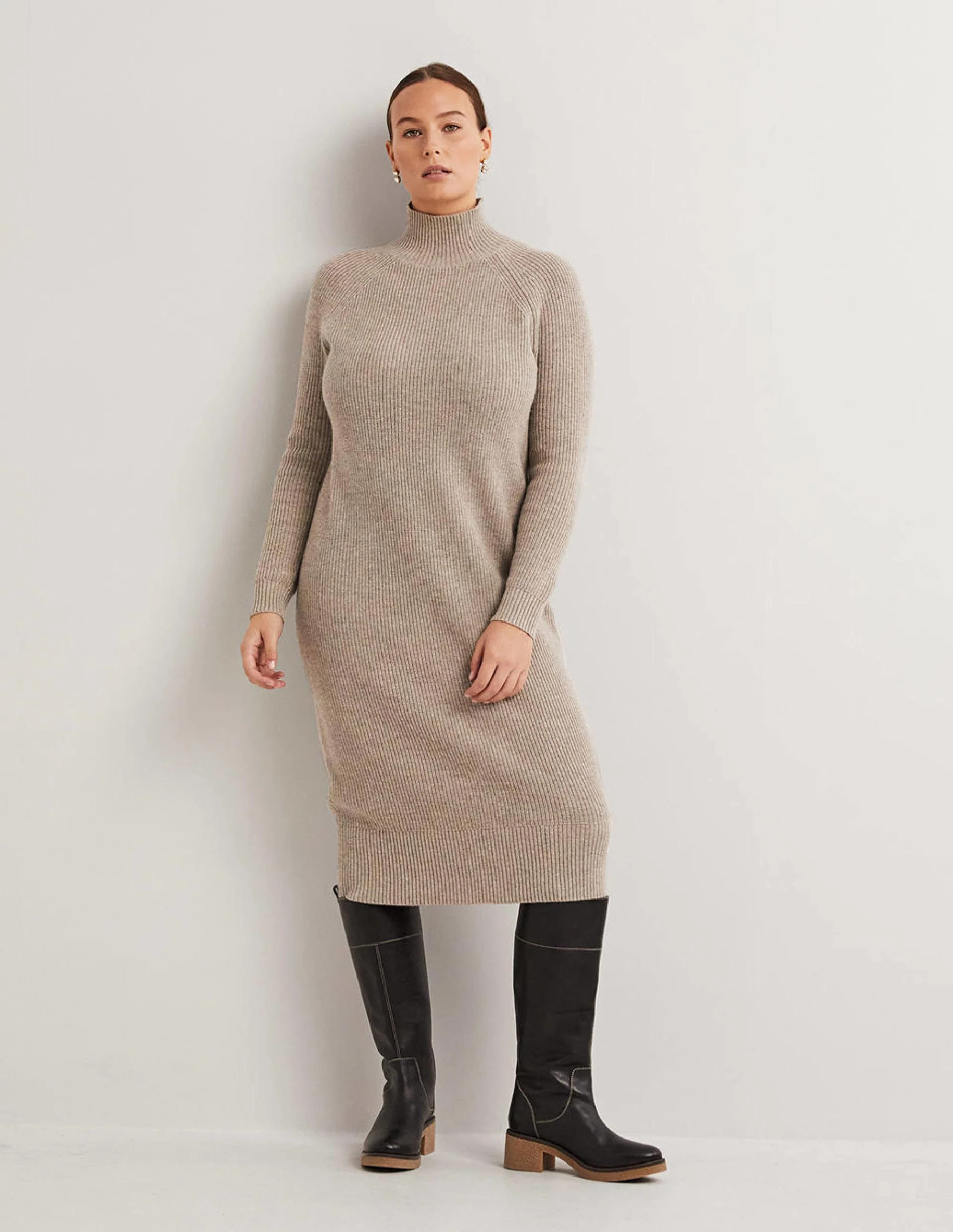 High Neck Knitted Midi Dress-Mink Melange