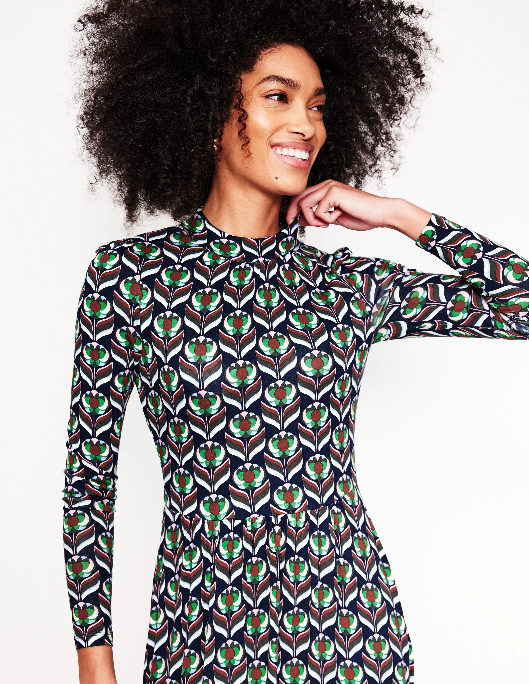 High Neck Tiered Jersey Dress-Navy, Blossom Stamp - Image 2
