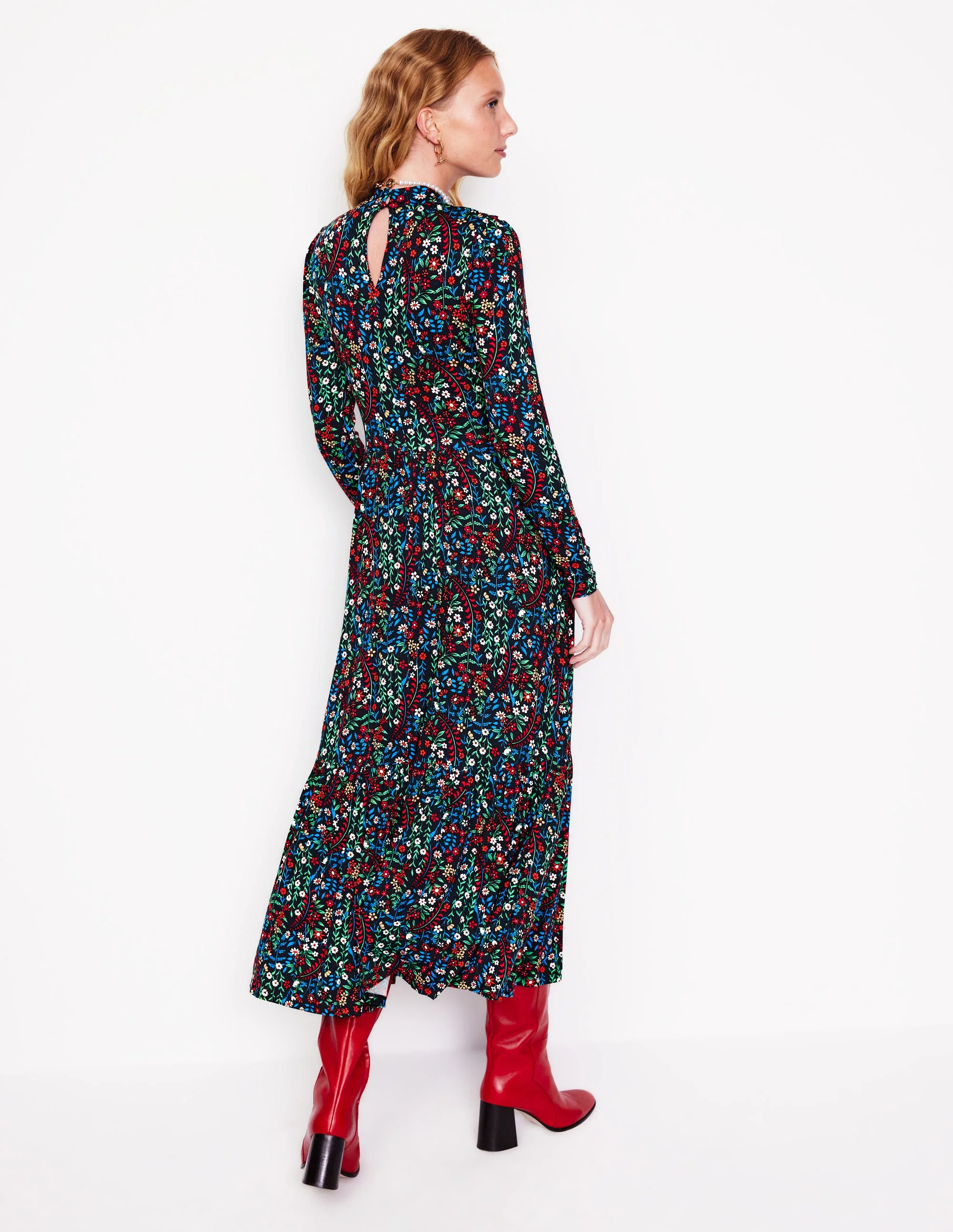 High Neck Tiered Jersey Dress-Navy, Foliage Bud - Image 3