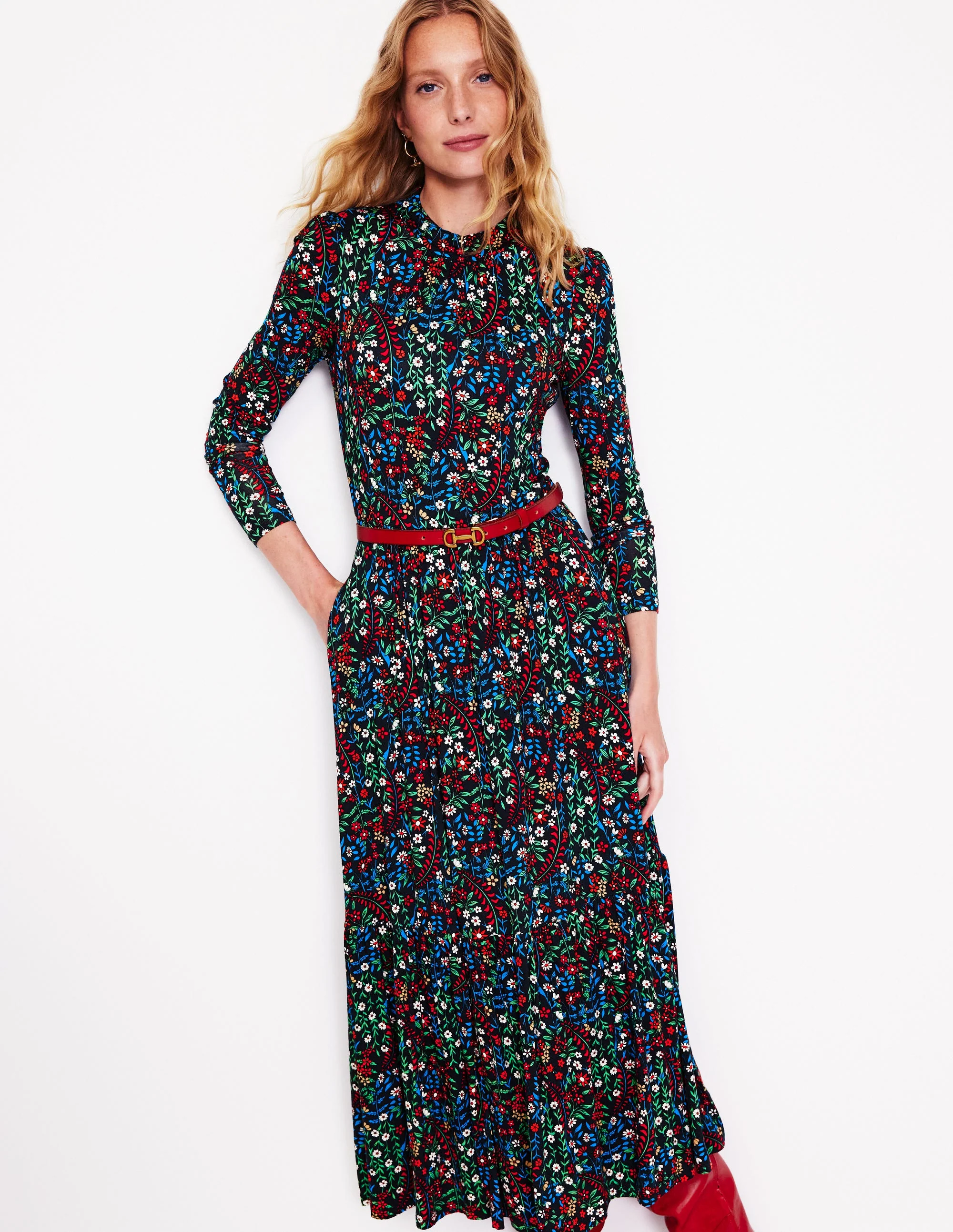 High Neck Tiered Jersey Dress-Navy, Foliage Bud - Image 4