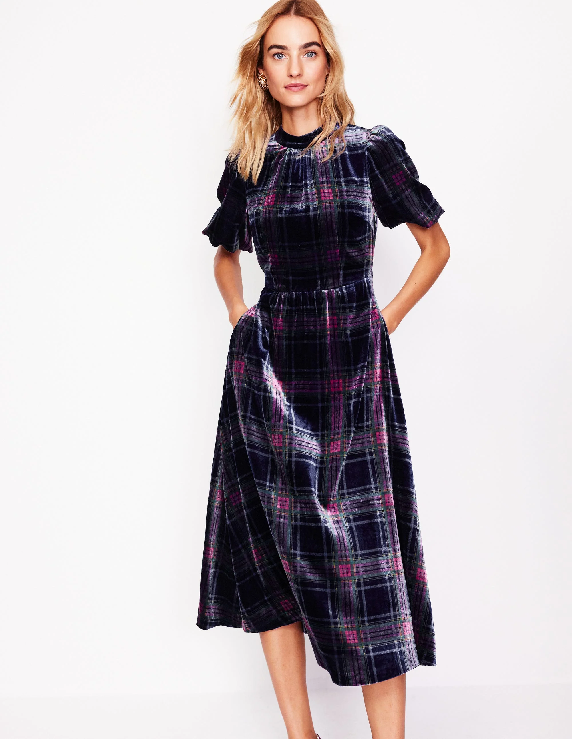 High Neck Velvet Dress-Navy and Red Check - Image 4