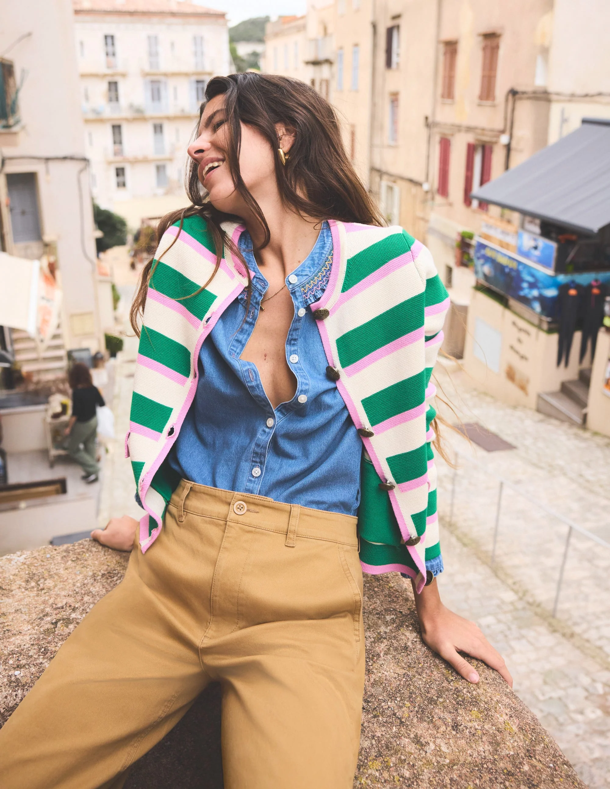 Holly Knitted Jacket-Rich Emerald, Pink Stripe - Image 2