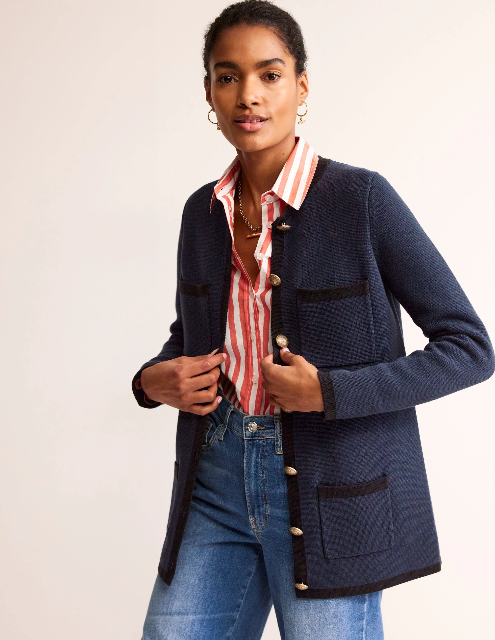 Holly Longline Knitted Jacket-Navy, Black Tipping - Image 4