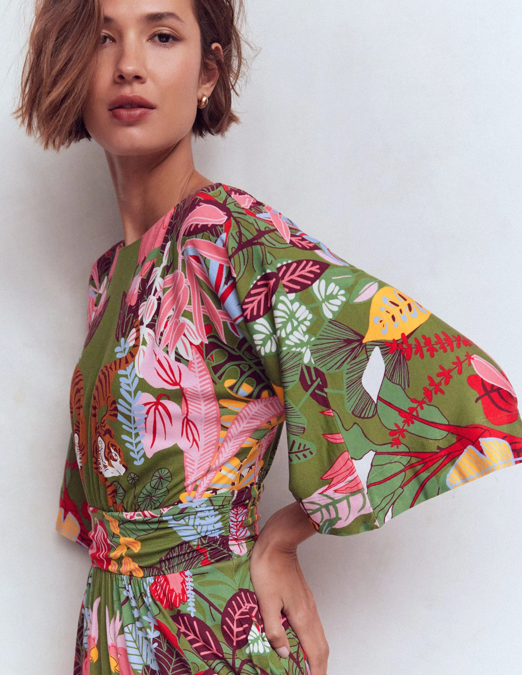Imelda Kimono Jersey Dress-Olive, Tropical Safari - Image 2