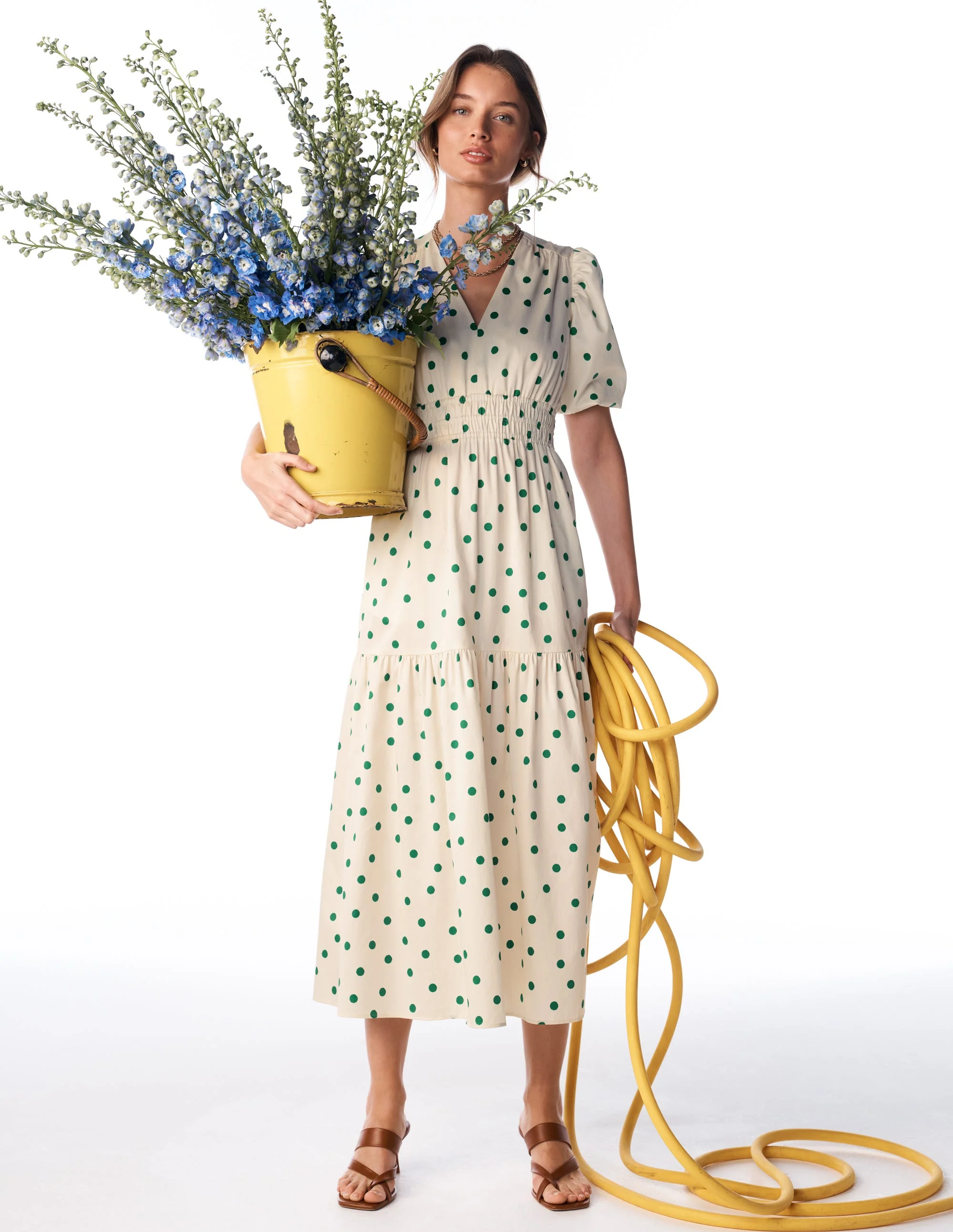 Irene Puff Sleeve Cotton Dress-Papyrus, Painted Dot Spaced