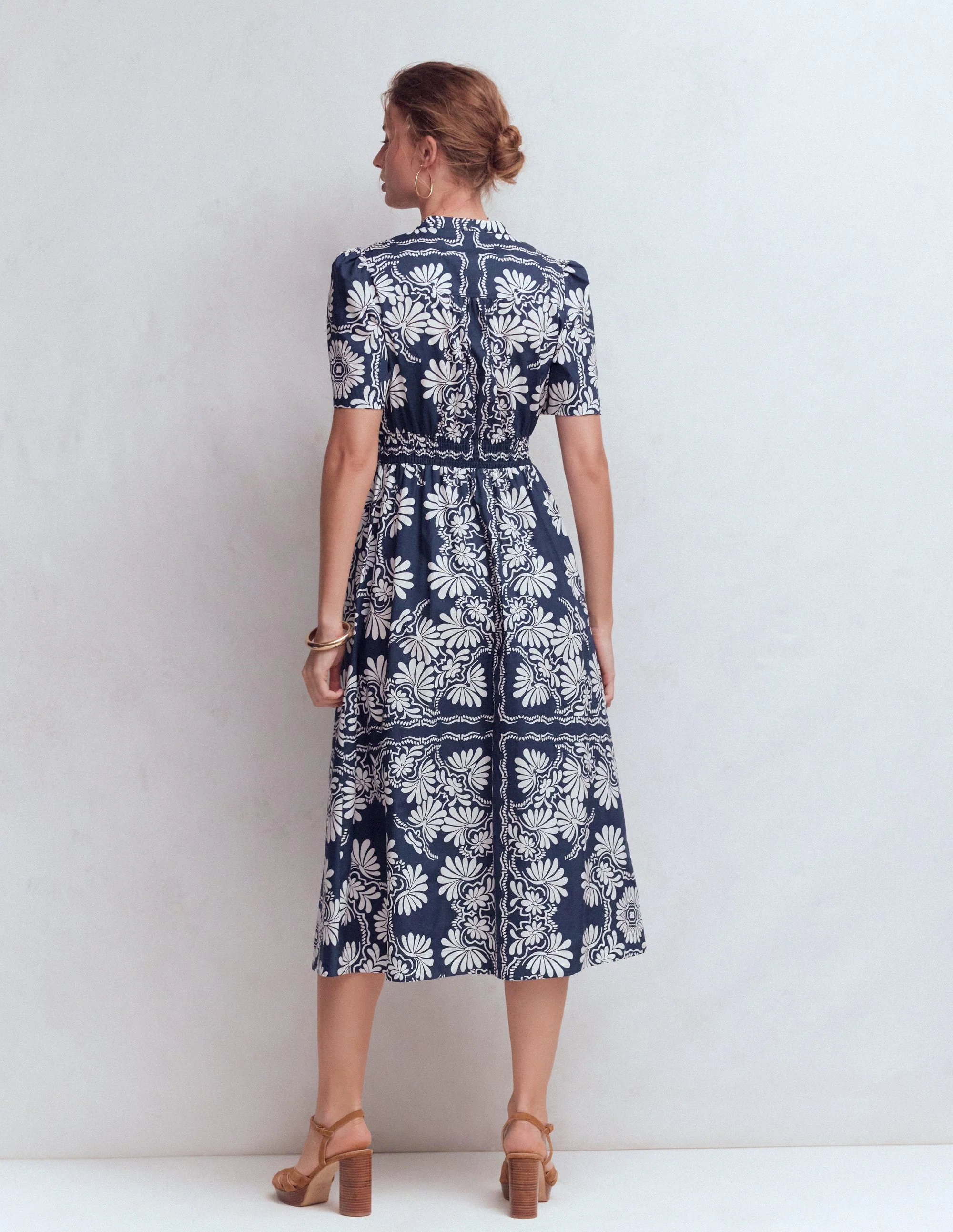 Ivy Button Cotton Midi Dress-French Navy Botanical Charm - Image 3