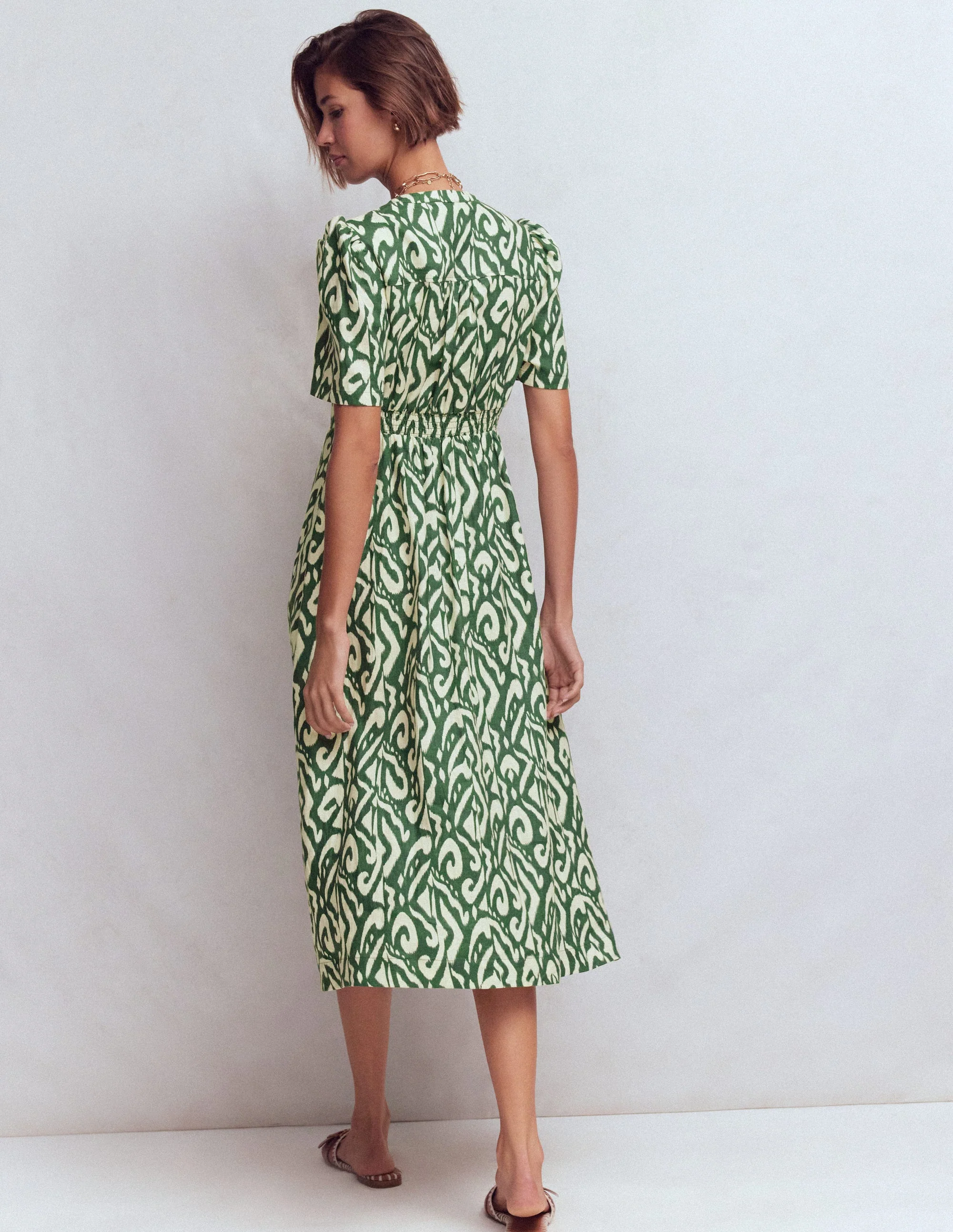 Ivy Button Linen Midi Dress-Hunter Green Ikat - Image 3