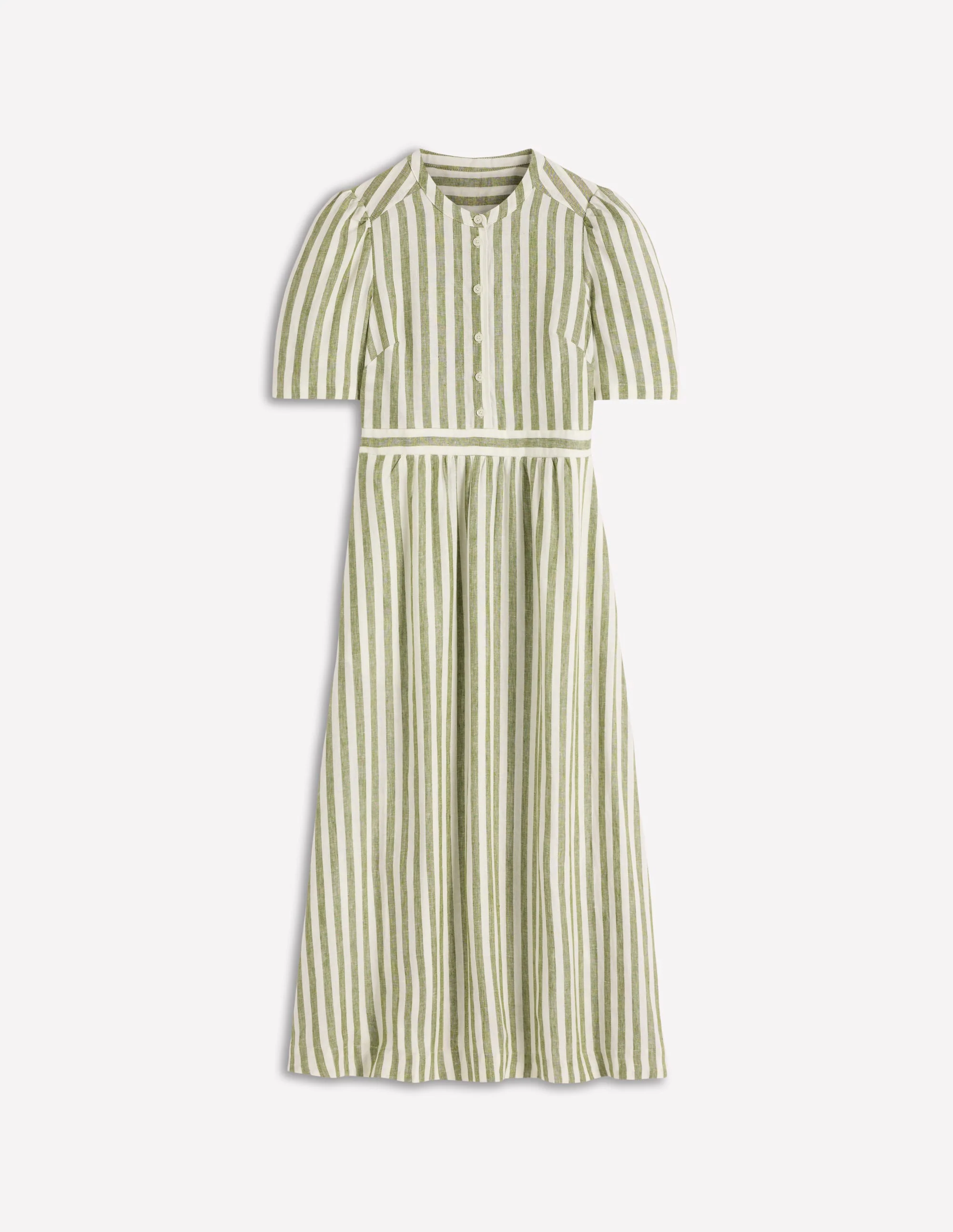 Ivy Button Linen Midi Dress-Olive, Ivory Stripe - Image 6