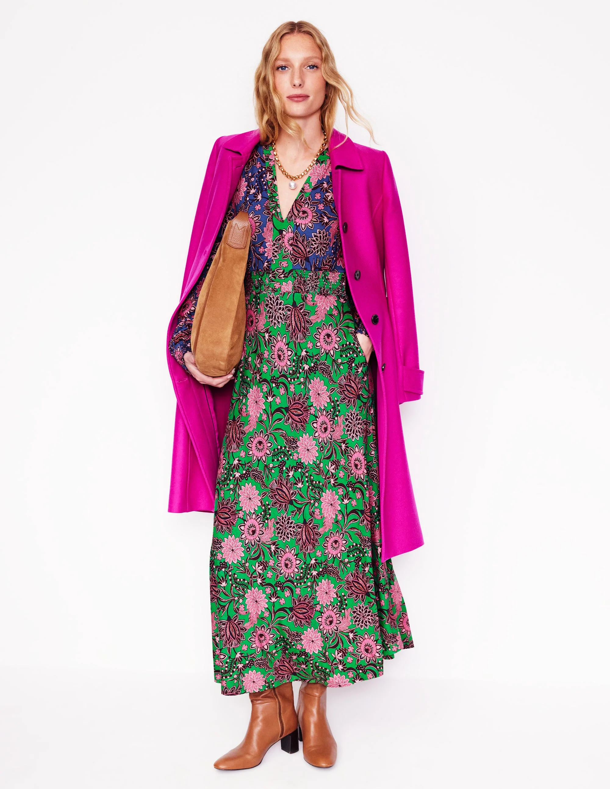 Ivy Smocked Midi Dress-Rich Emerald, Ornate Bud - Image 5
