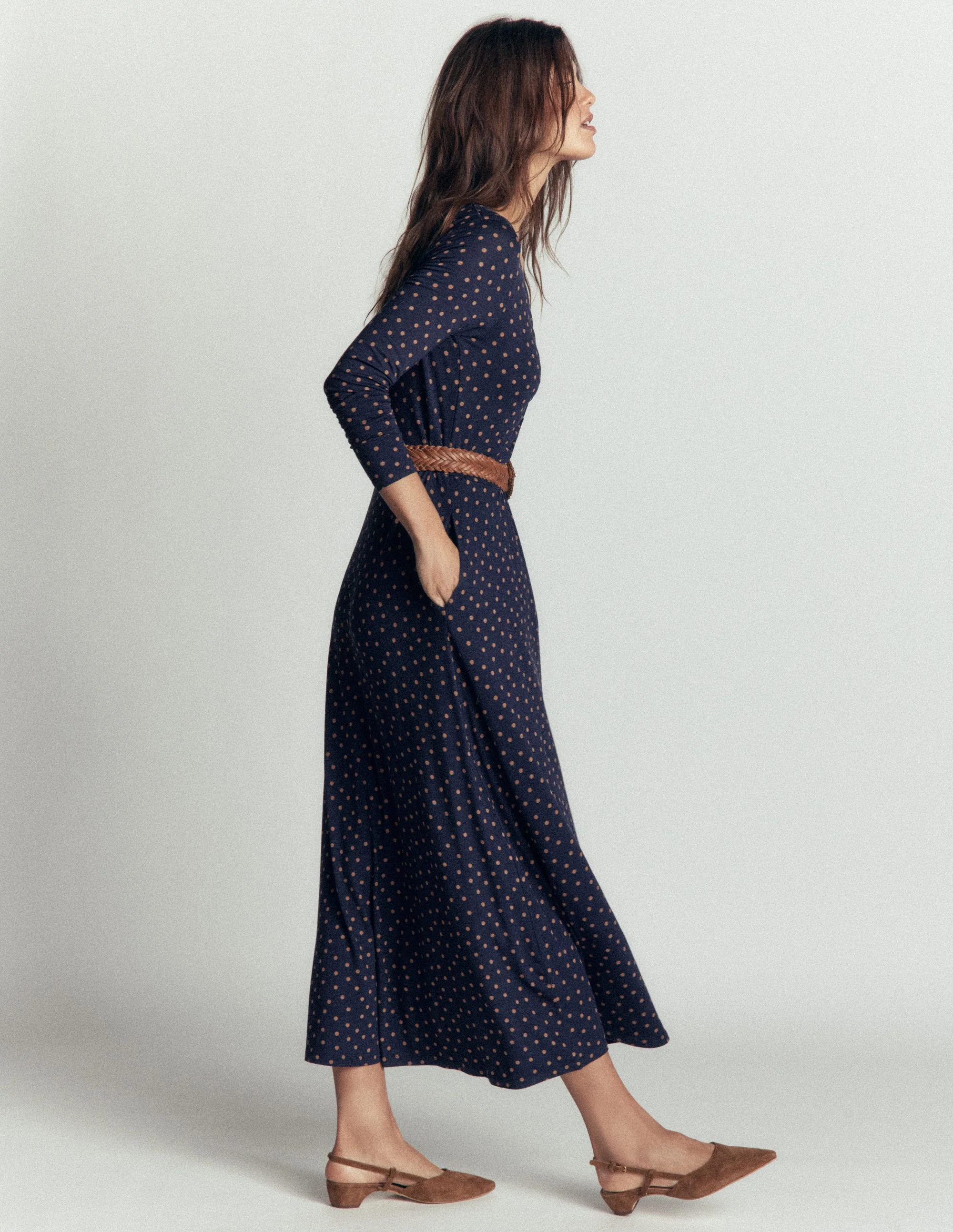 Jasmine Ruched Jersey Dress-French Navy, Painted Dot Space - Image 3