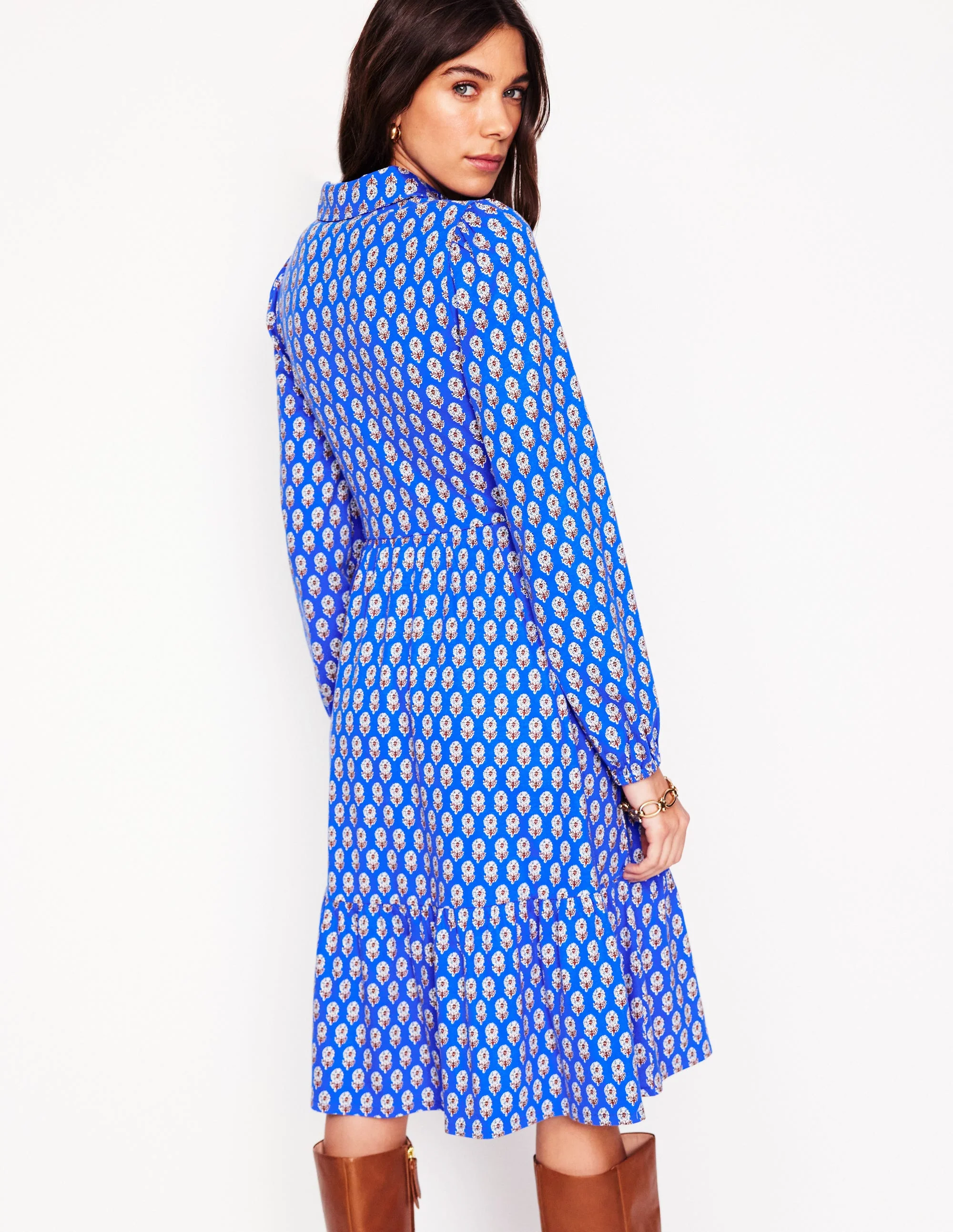 Jemima Tiered Jersey Dress-Gallery Blue, Camellia Stamp - Image 3