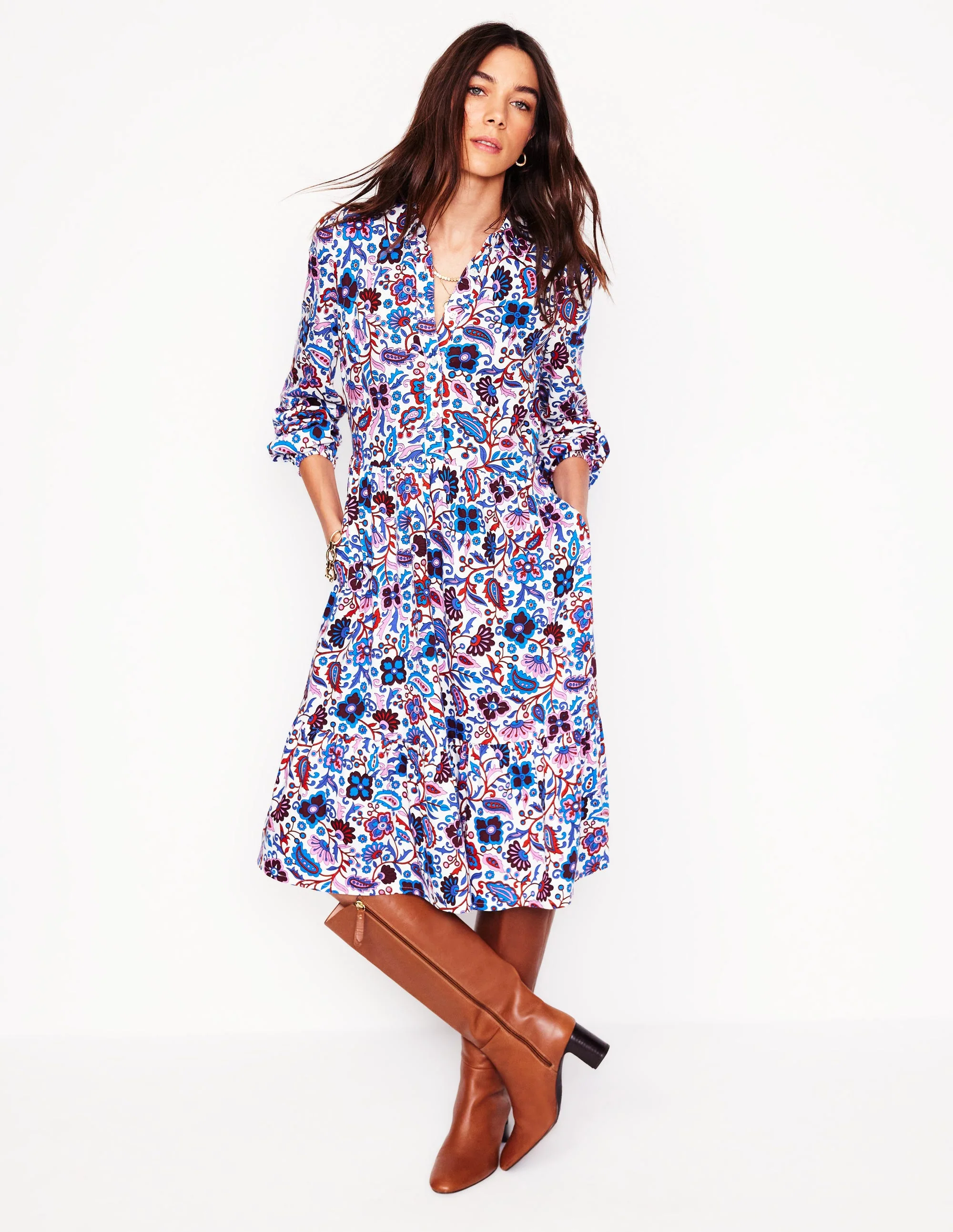 Jemima Tiered Jersey Dress-Ivory, Oriental Paradise - Image 4