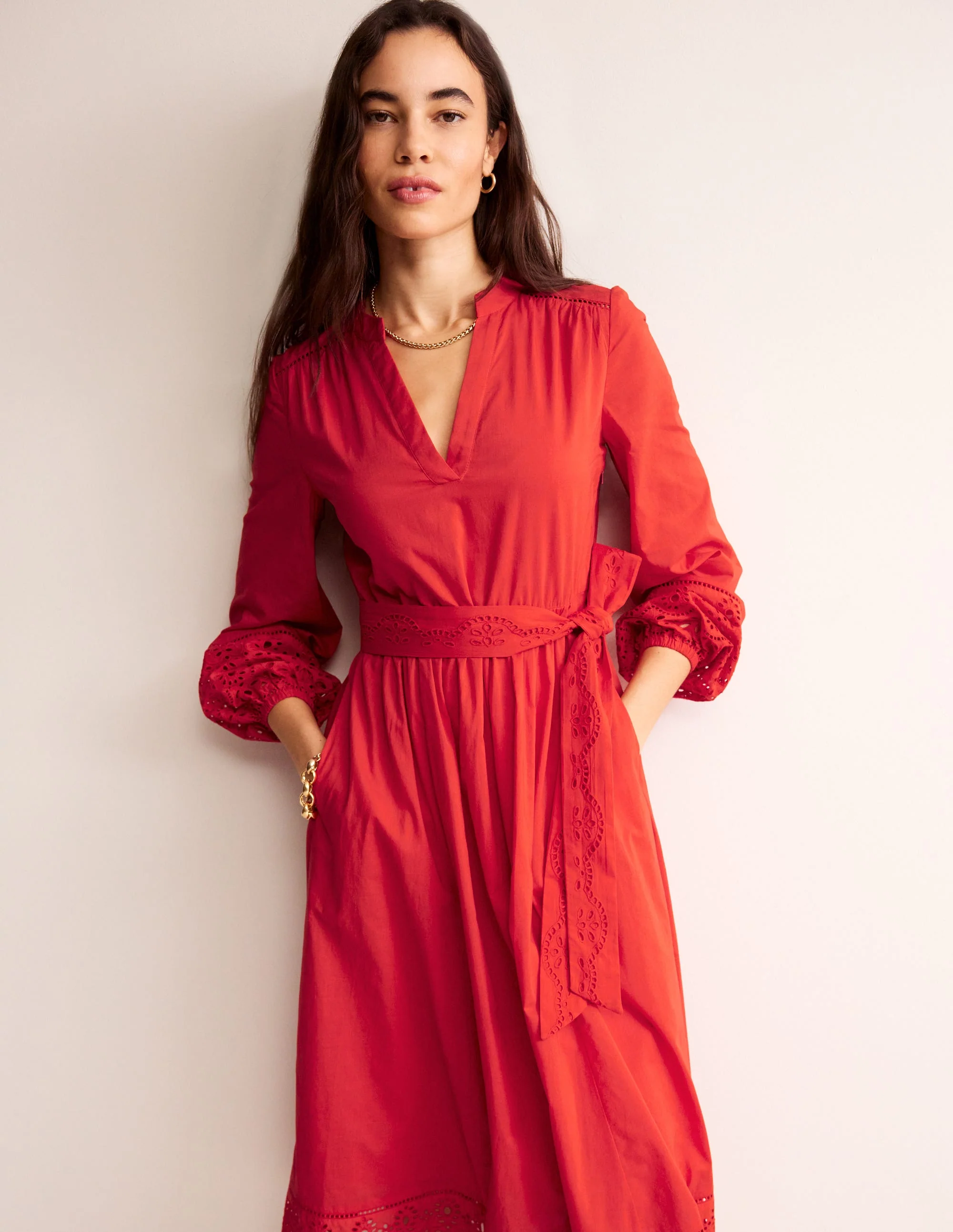 Jen Broderie Cotton Midi Dress-Vermillion Red - Image 4