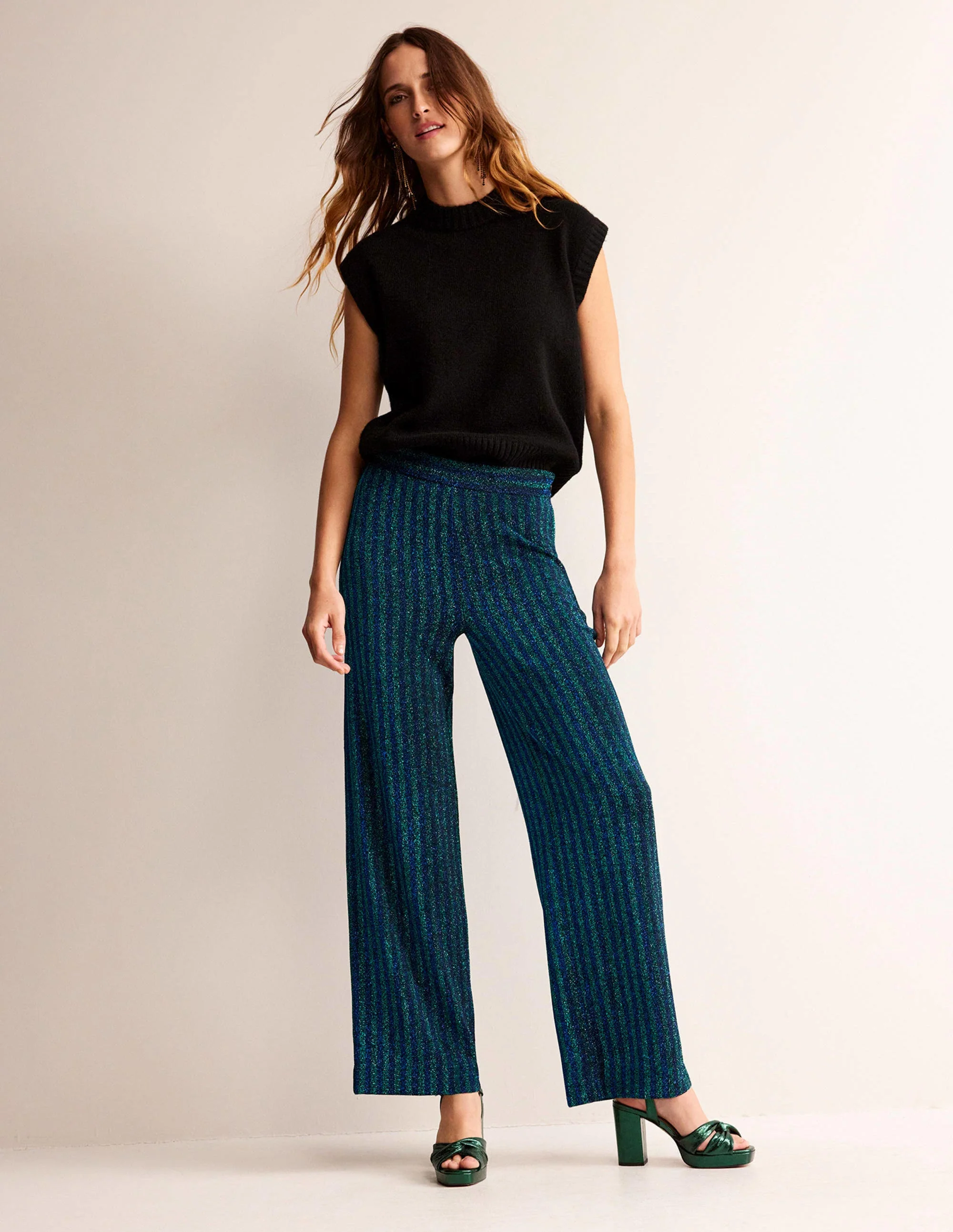 Jersey Metallic Trousers-Green / Navy Stripe - Image 4