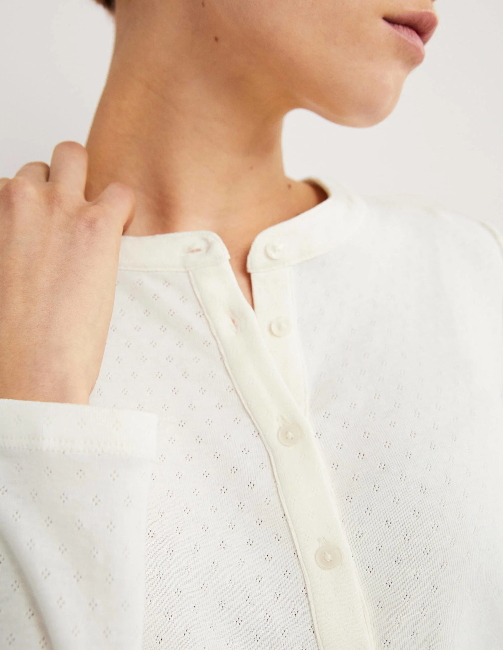 Jersey Puff Sleeve Henley-Ivory