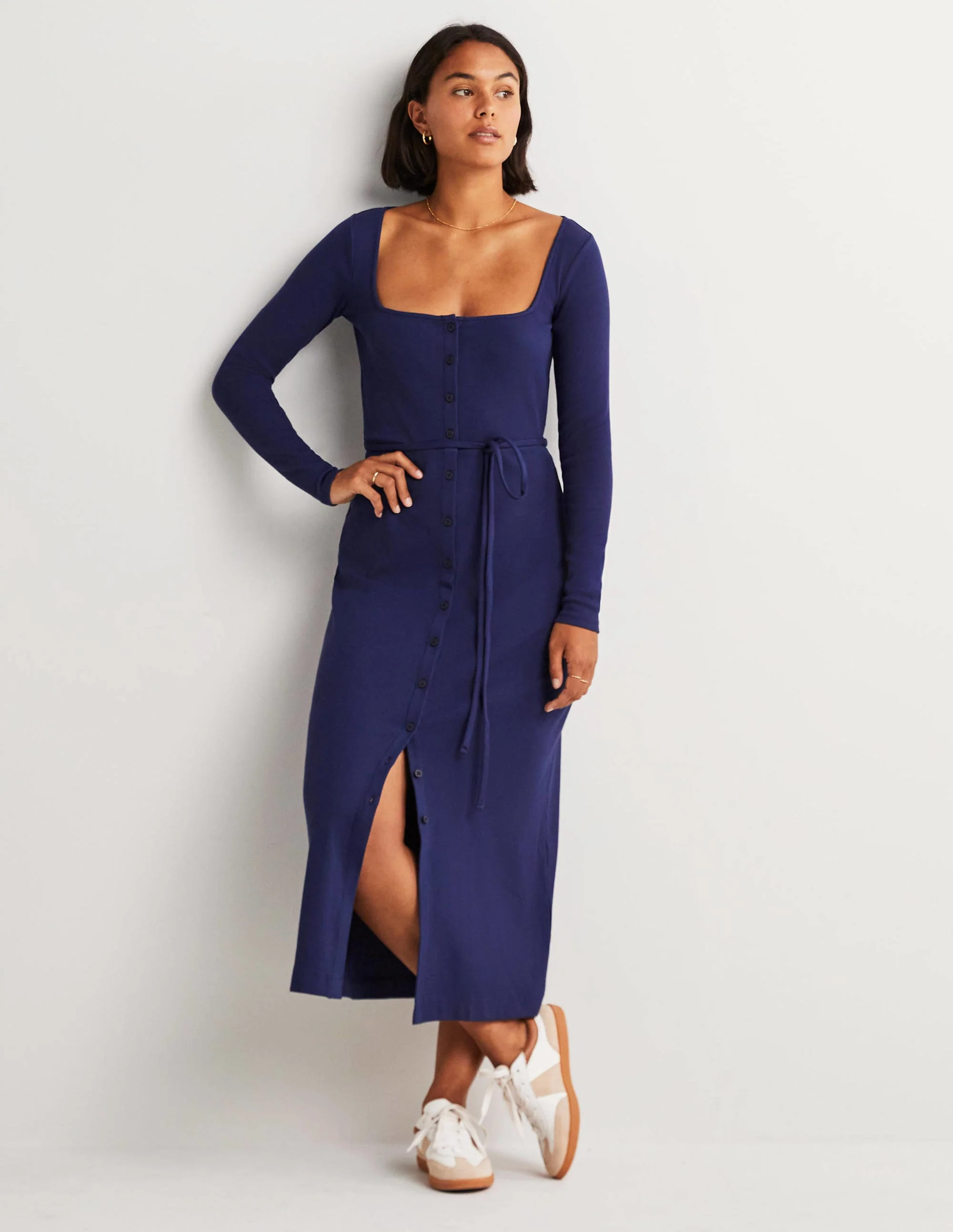 Jersey Rib Midi Dress-Navy