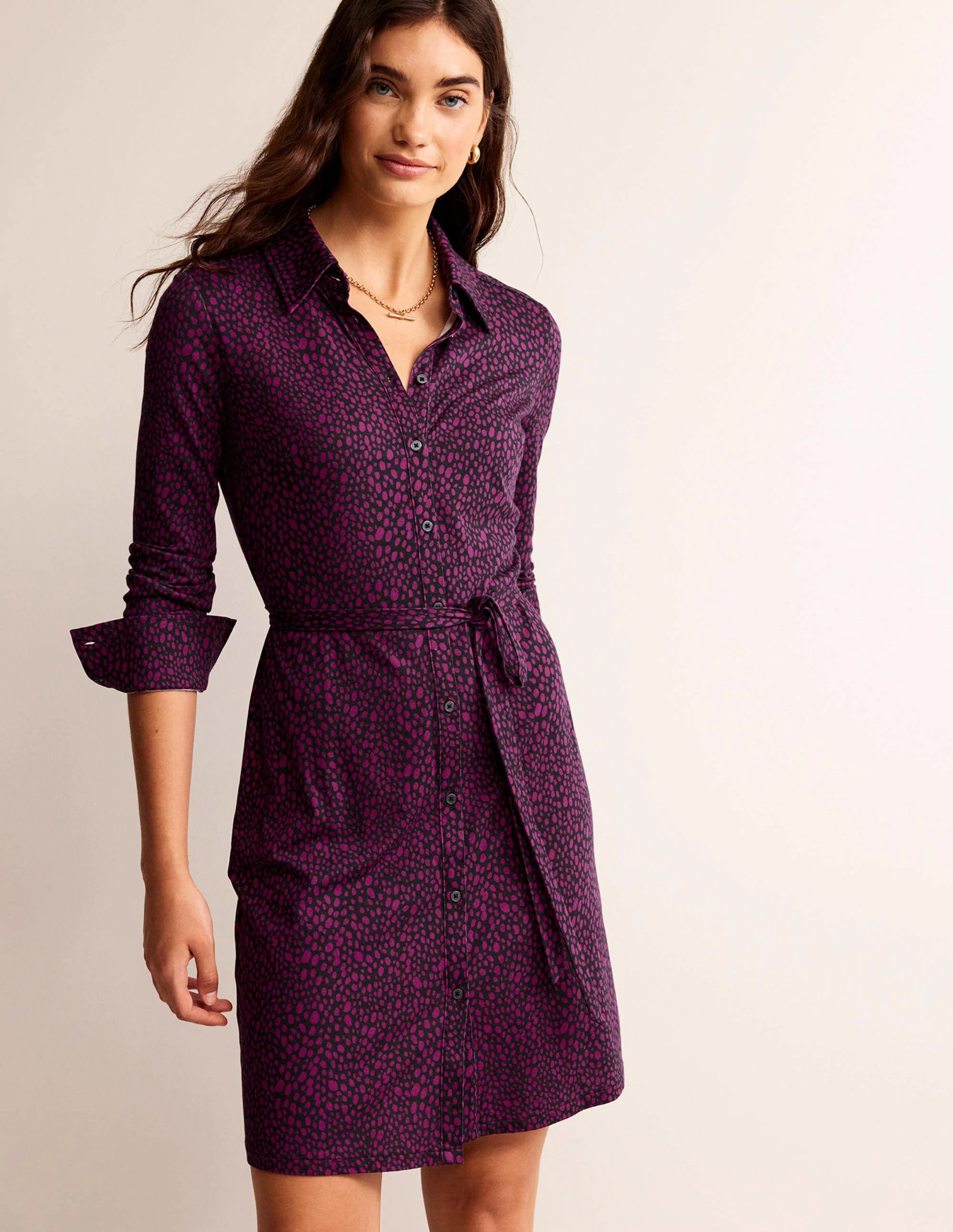 Jessie Jersey Shirt Dress-Damson Berry, Animal Spot - Image 4