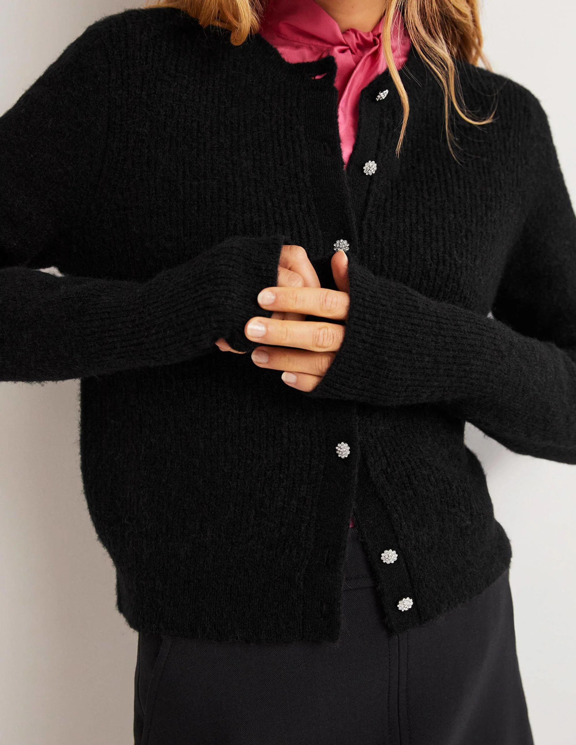 Jewel Button Fluffy Cardigan-Black - Image 3