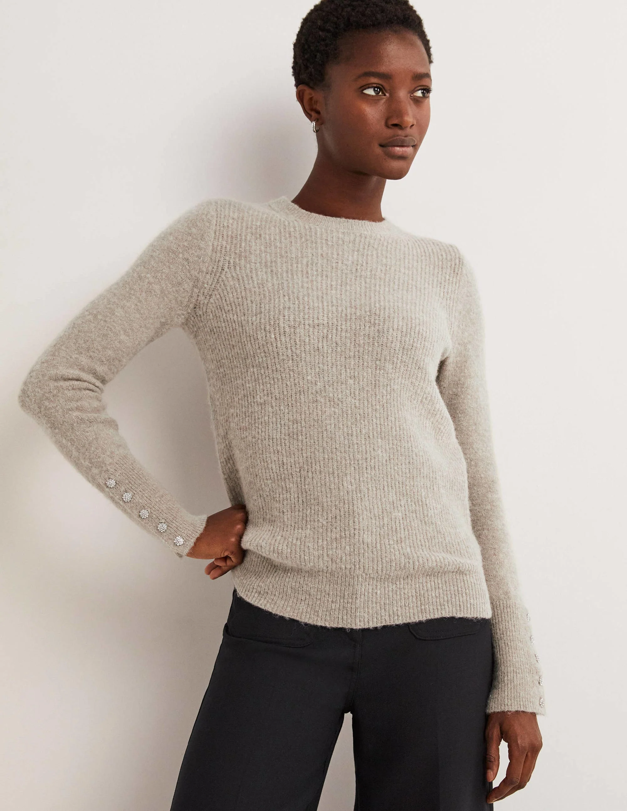 Jewel Button Fluffy Jumper-Mink Melange