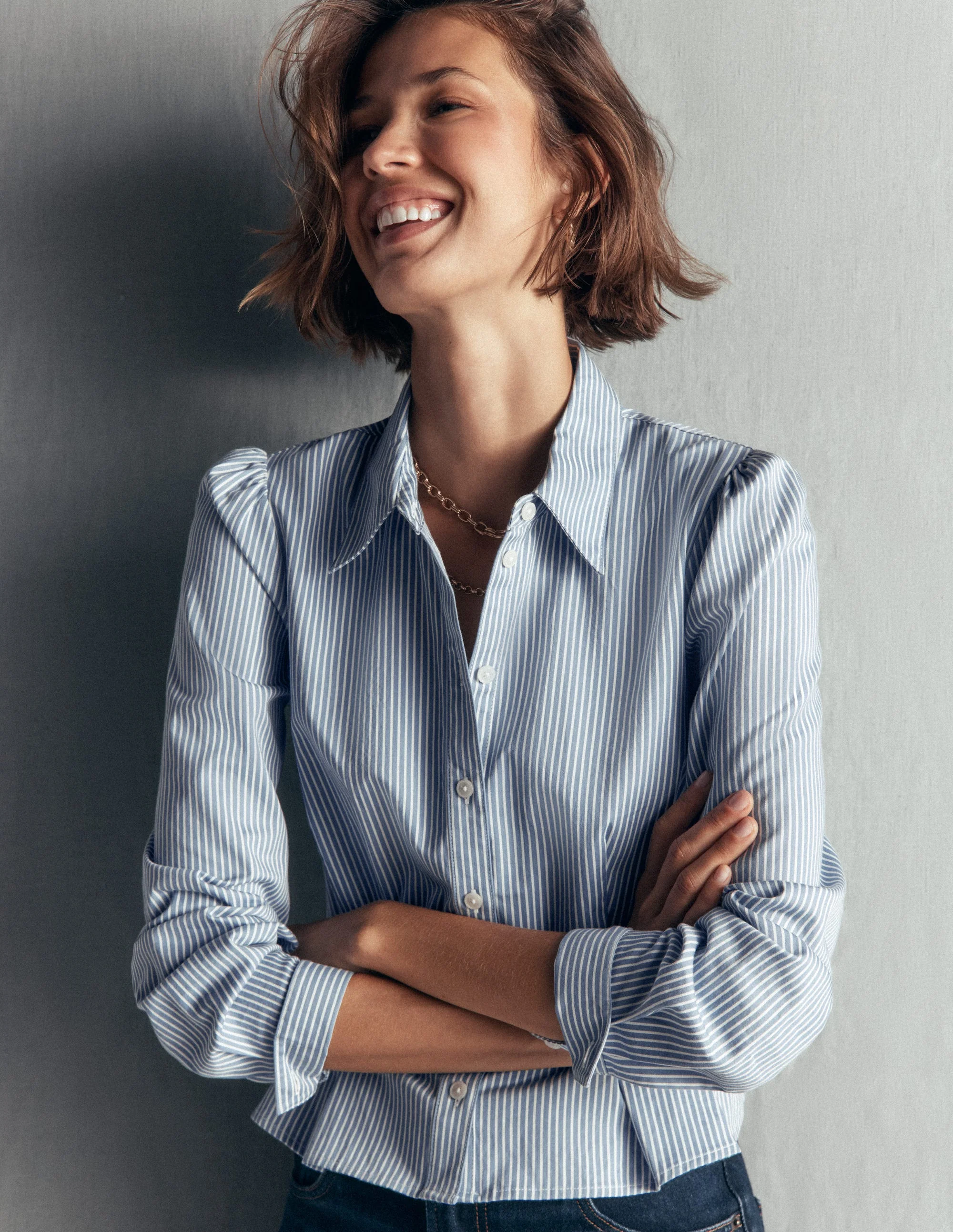 Julia Darted Cotton Shirt-Soft Blue, Ivory Stripe