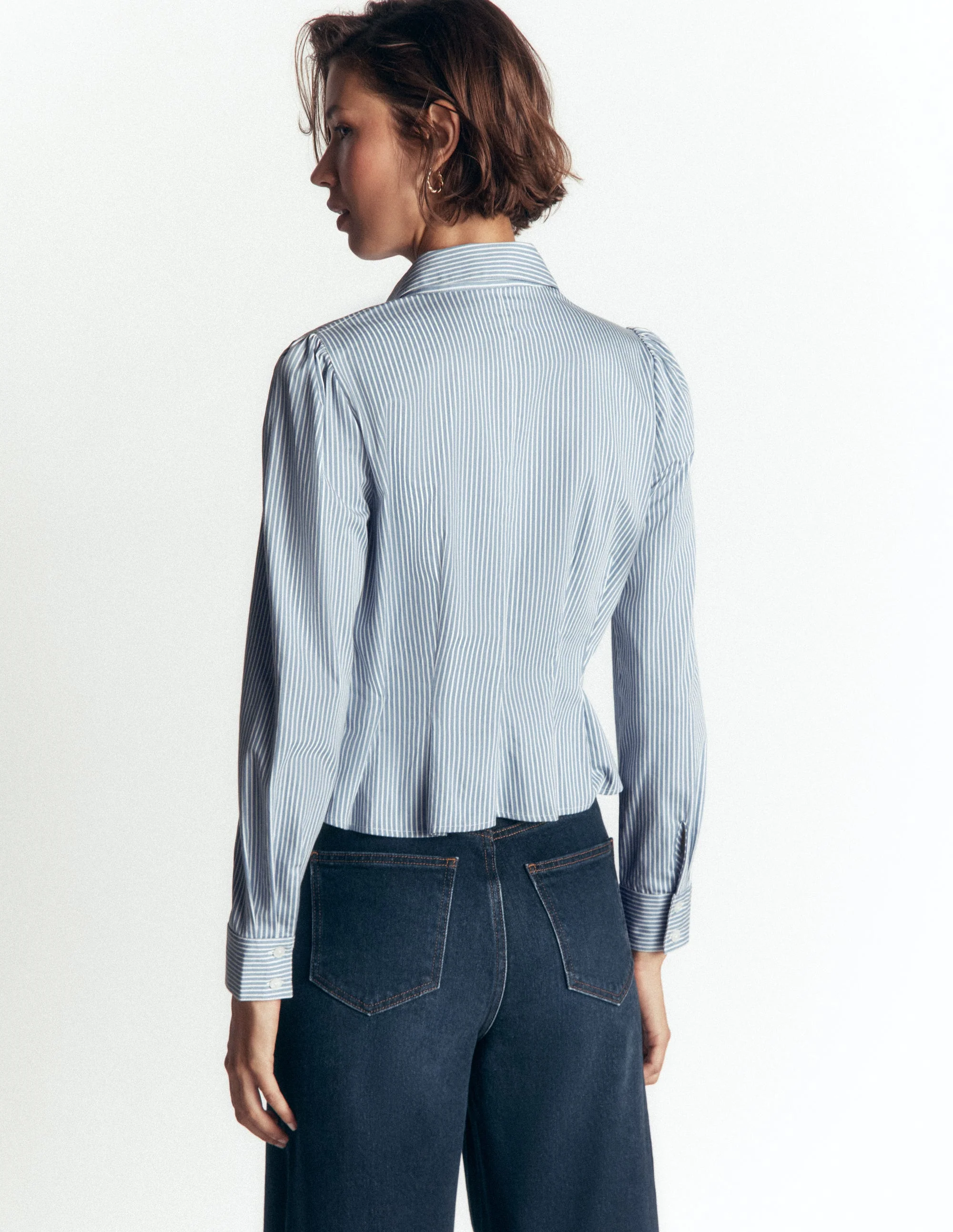 Julia Darted Cotton Shirt-Soft Blue, Ivory Stripe - Image 3