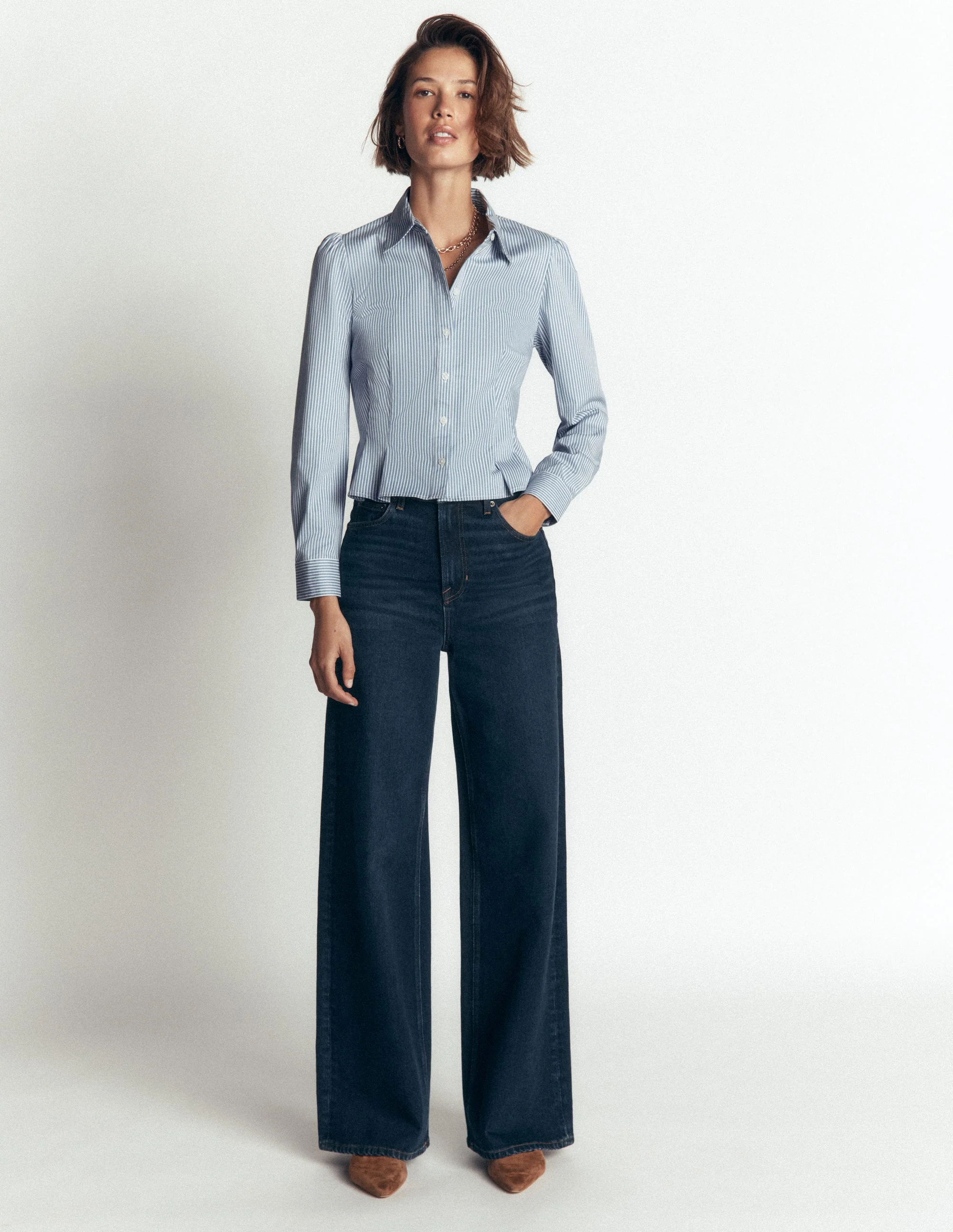 Julia Darted Cotton Shirt-Soft Blue, Ivory Stripe - Image 4