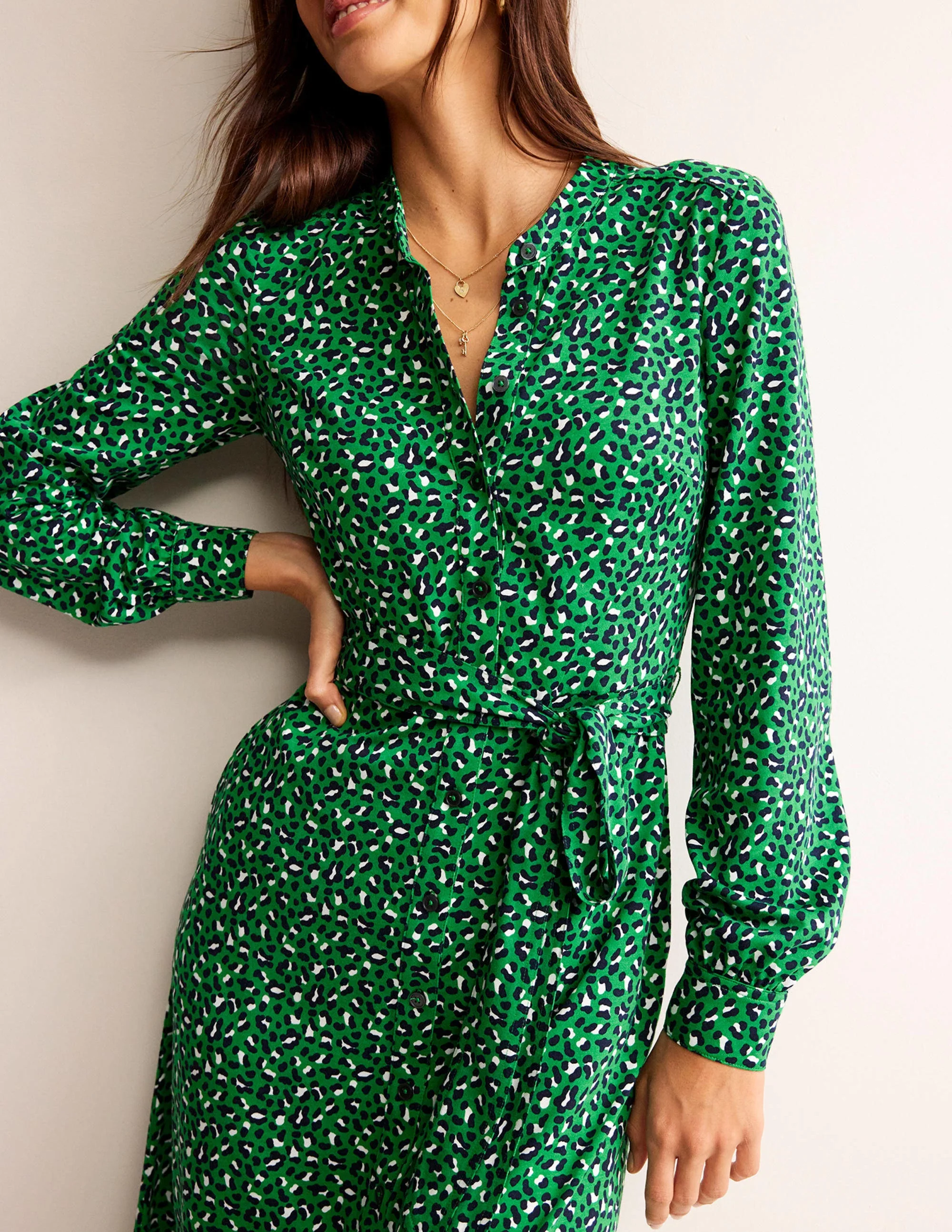 Julia Jersey Shirt Dress-Green Tambourine, Animal Print - Image 2