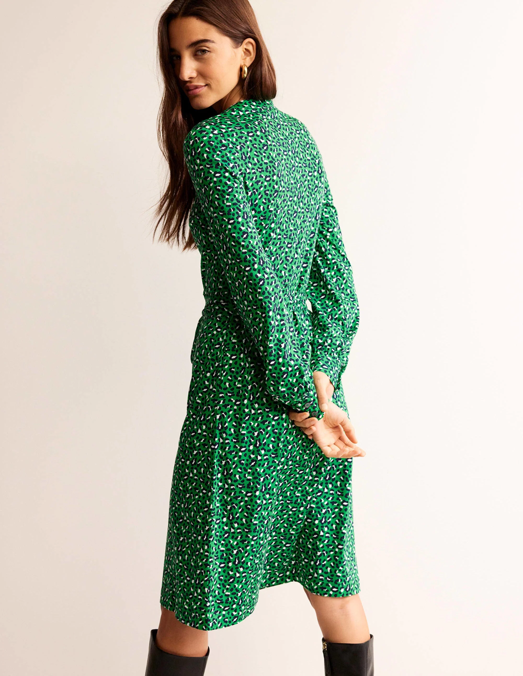 Julia Jersey Shirt Dress-Green Tambourine, Animal Print - Image 3