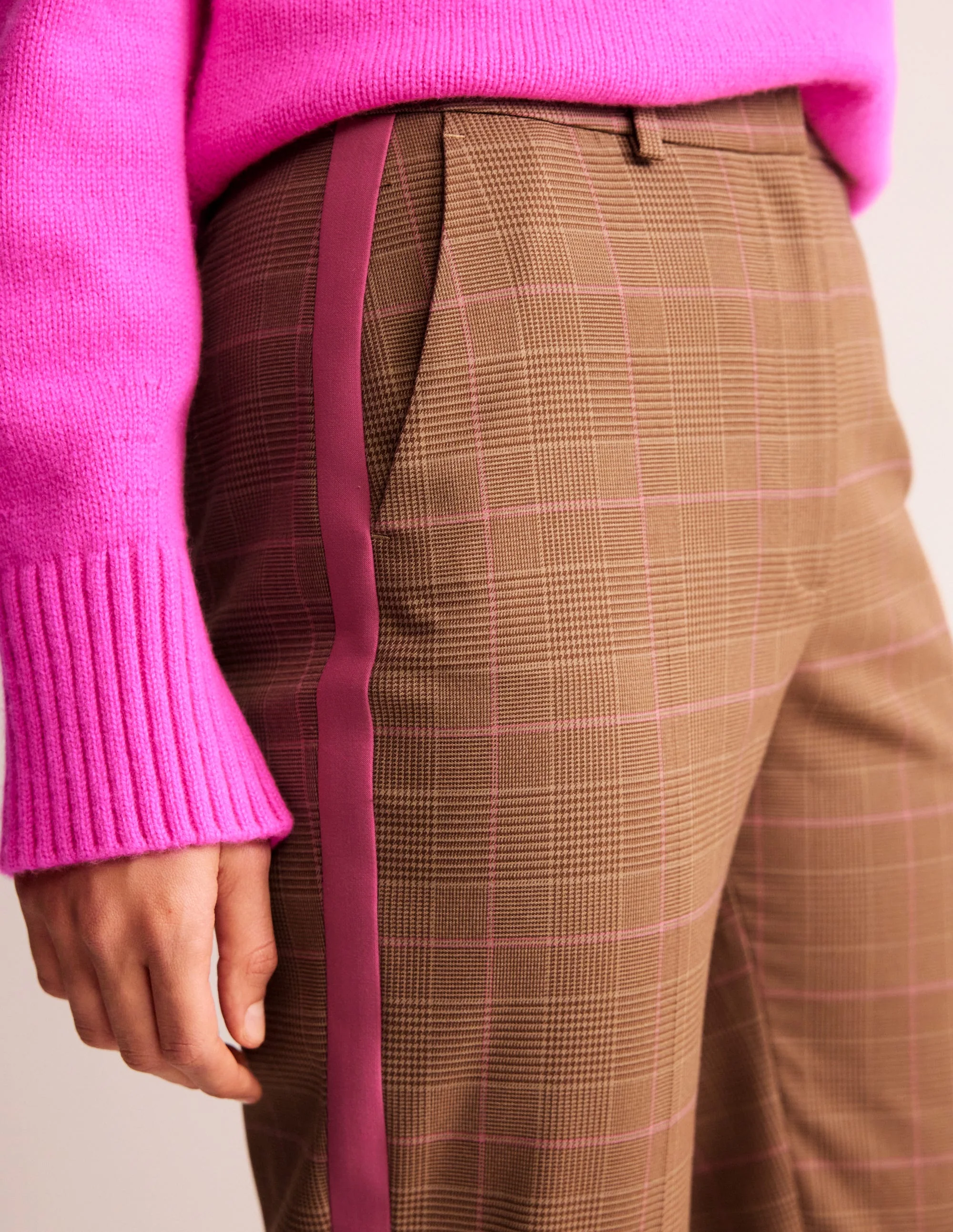 Kew Check Side Stripe Trousers-Brown and Pink Check - Image 2