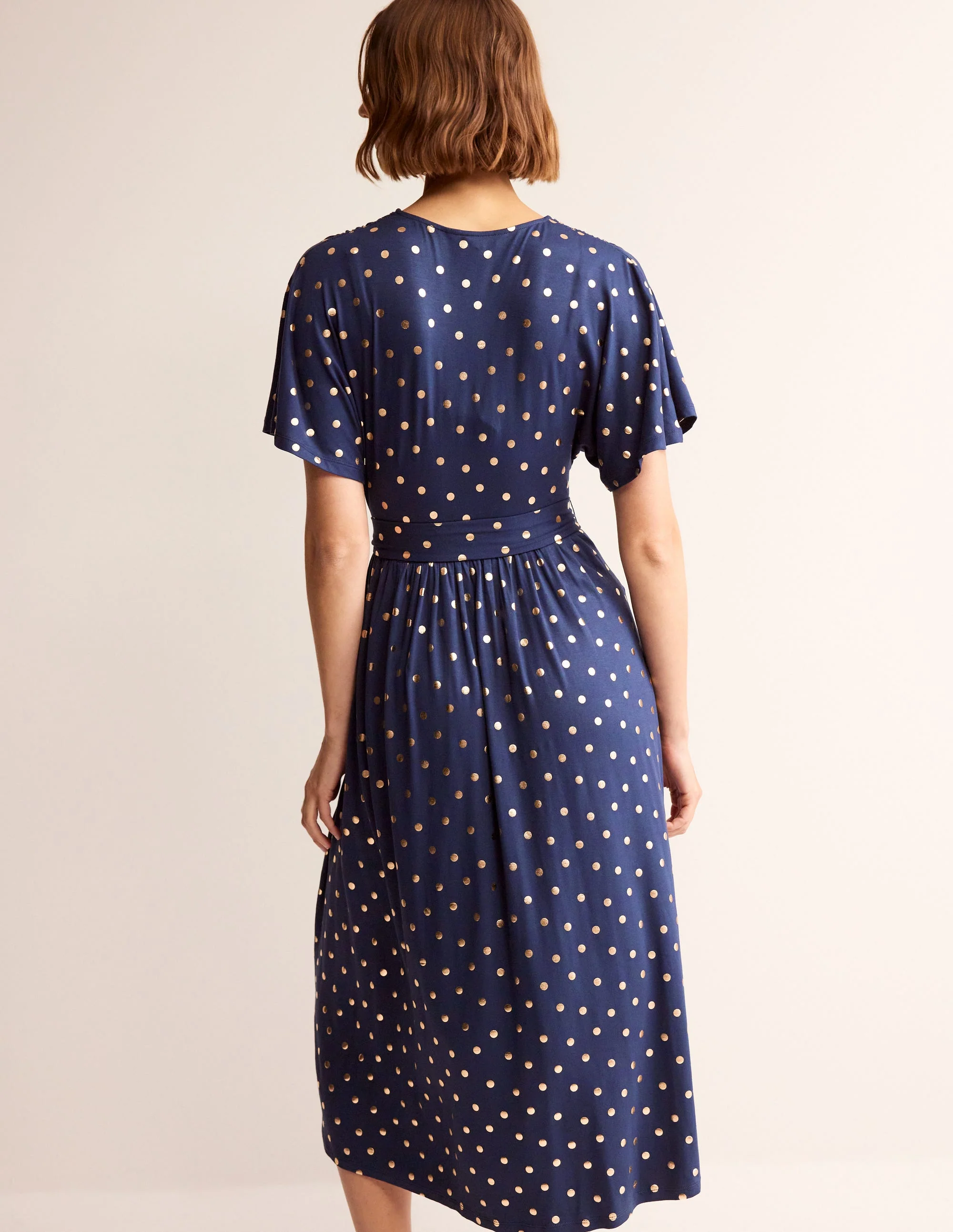 Kimono Wrap Jersey Midi Dress-Navy, Scattered Foil Spot - Image 3