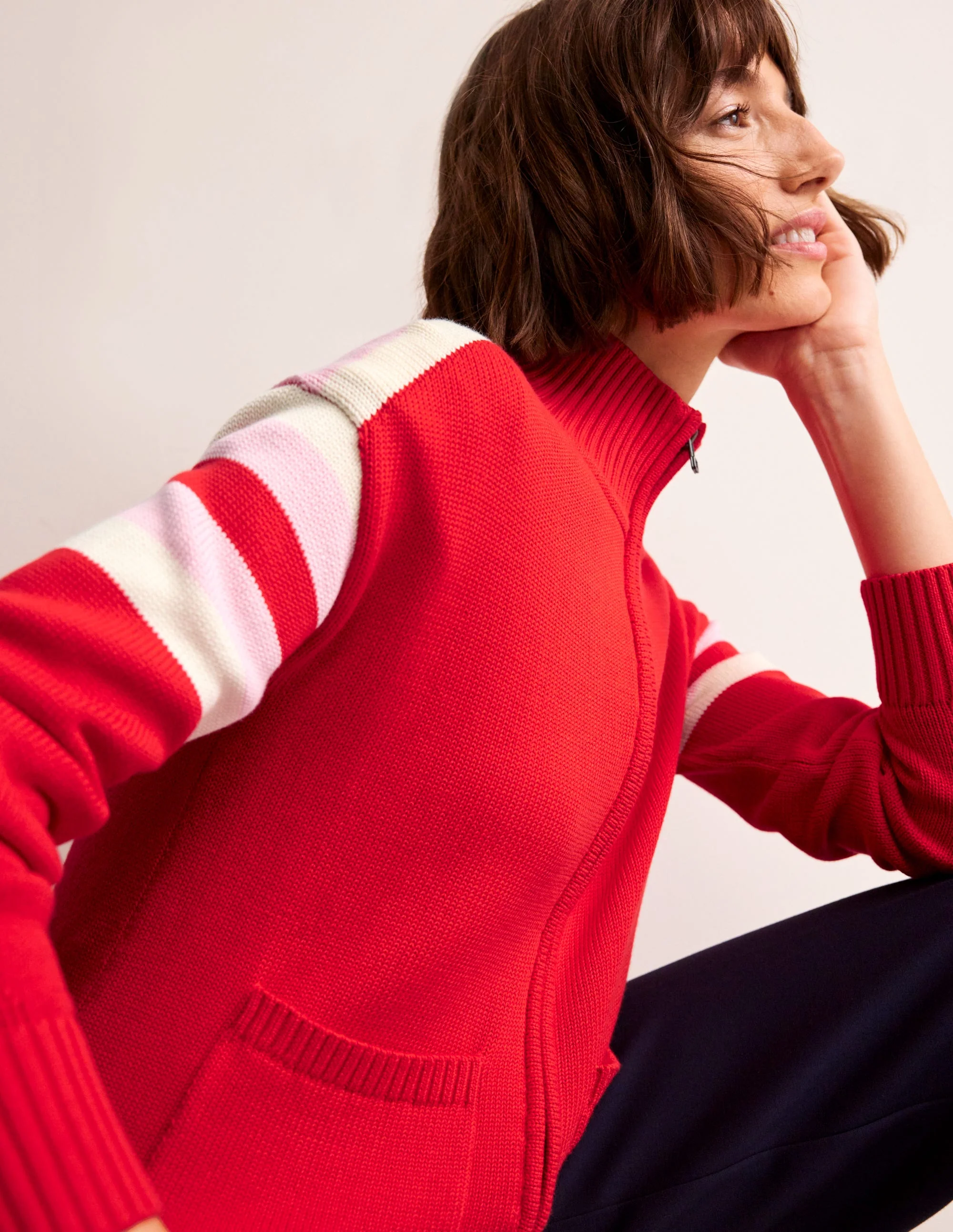 Knitted Zip-up Cardigan-Post Box Red, Ivory Stripe