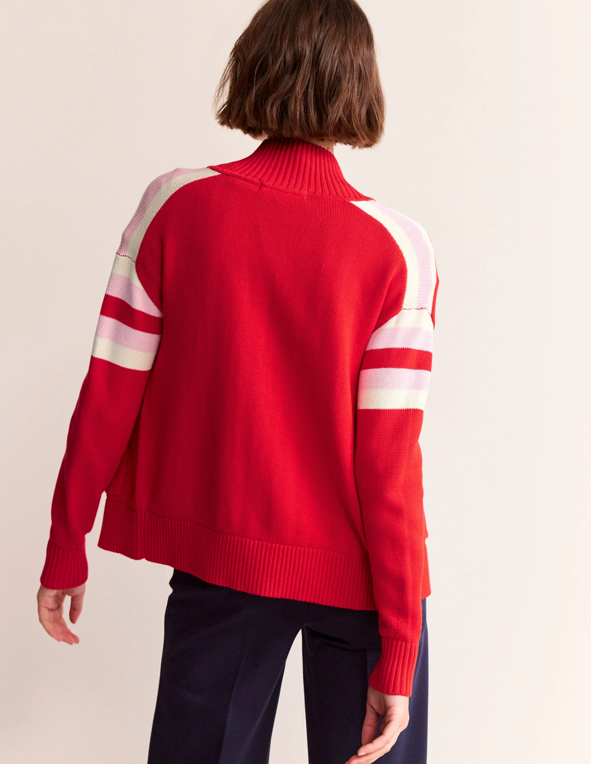 Knitted Zip-up Cardigan-Post Box Red, Ivory Stripe - Image 3