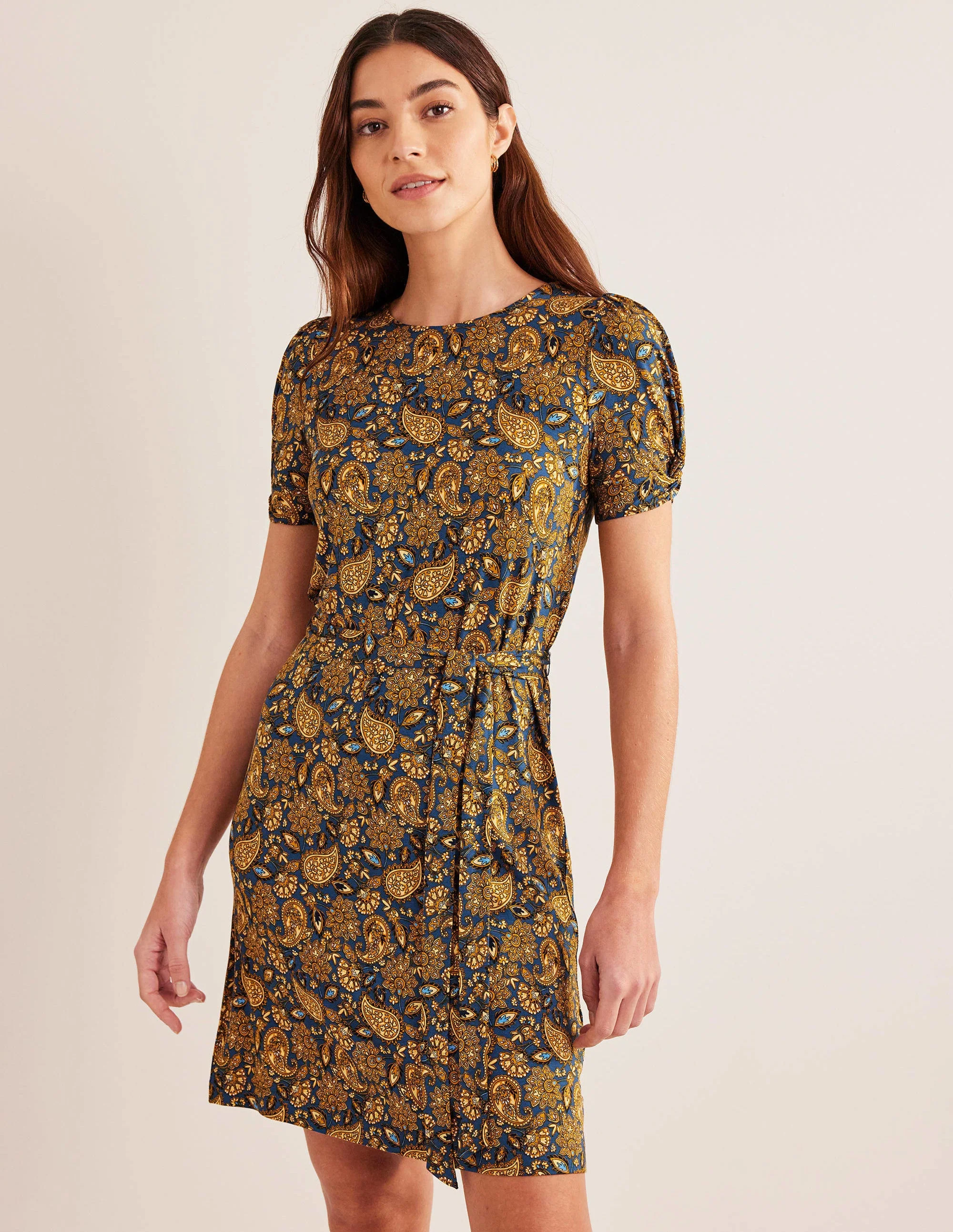 Knot Detail Jersey Mini Dress-Harvest Gold, Paisley Terrace