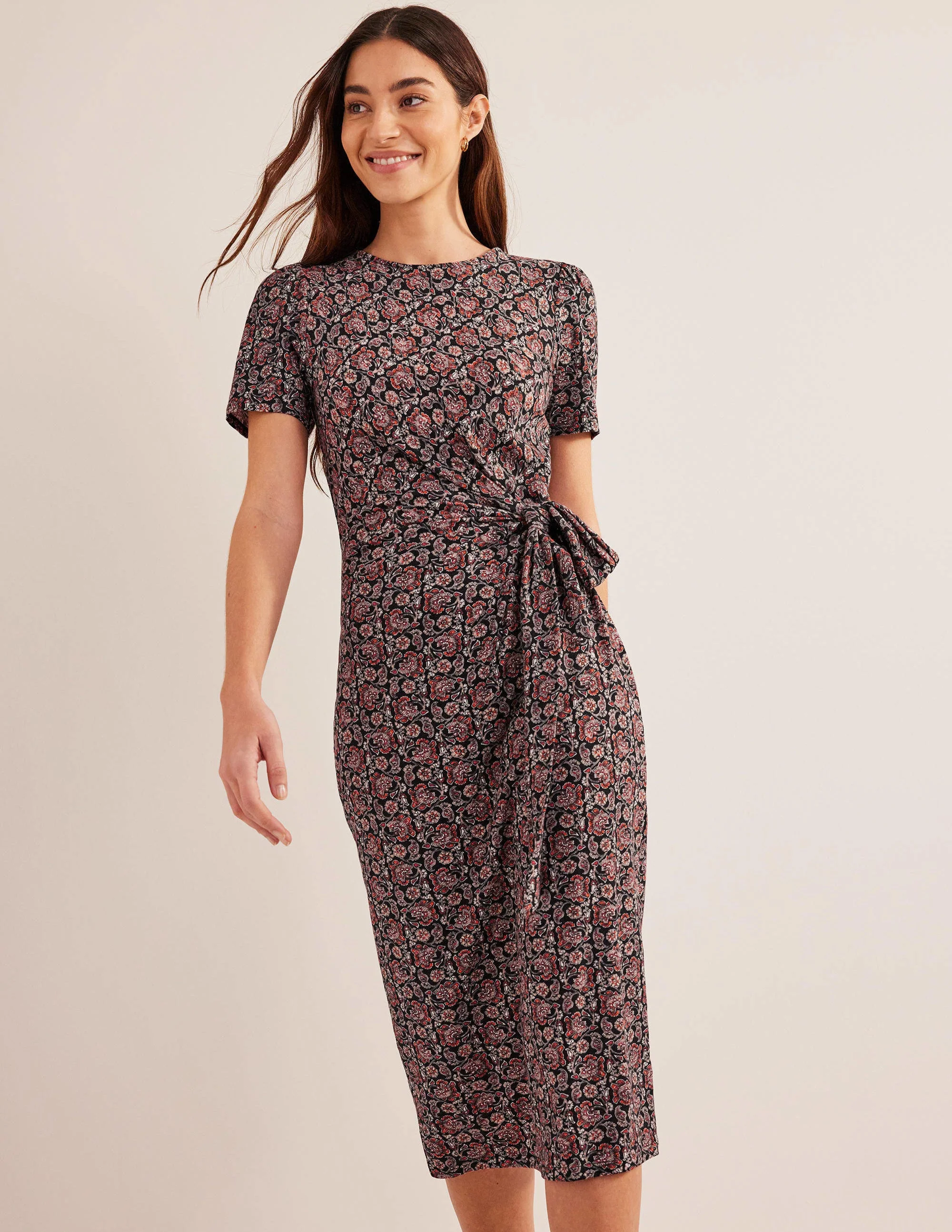 Knot Front Jersey Midi Dress-Black, Block Paisley