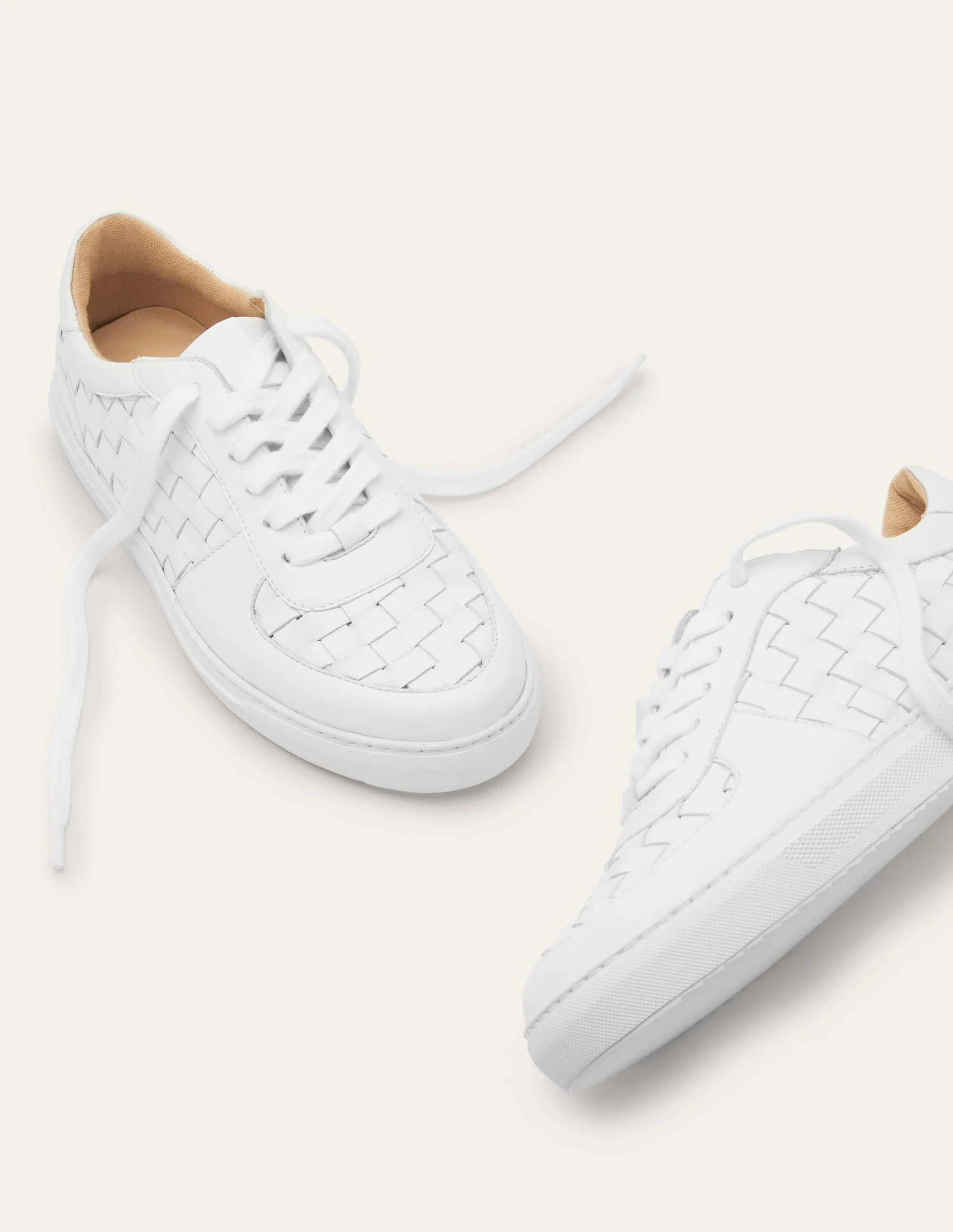 Lace Up Leather Trainers-White Woven