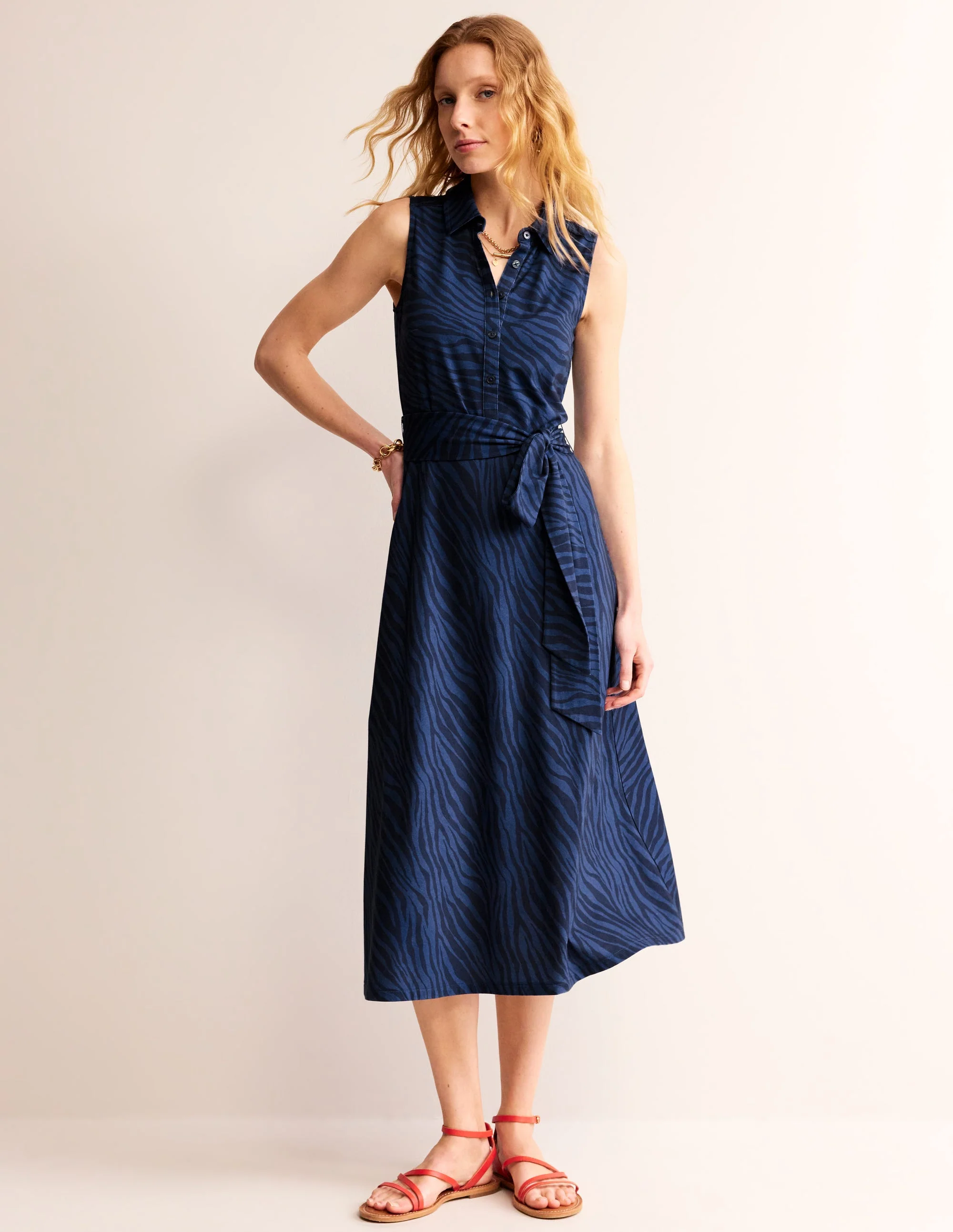 Laura Sleeveless Shirt Dress-True Navy, Animal Stripe - Image 2