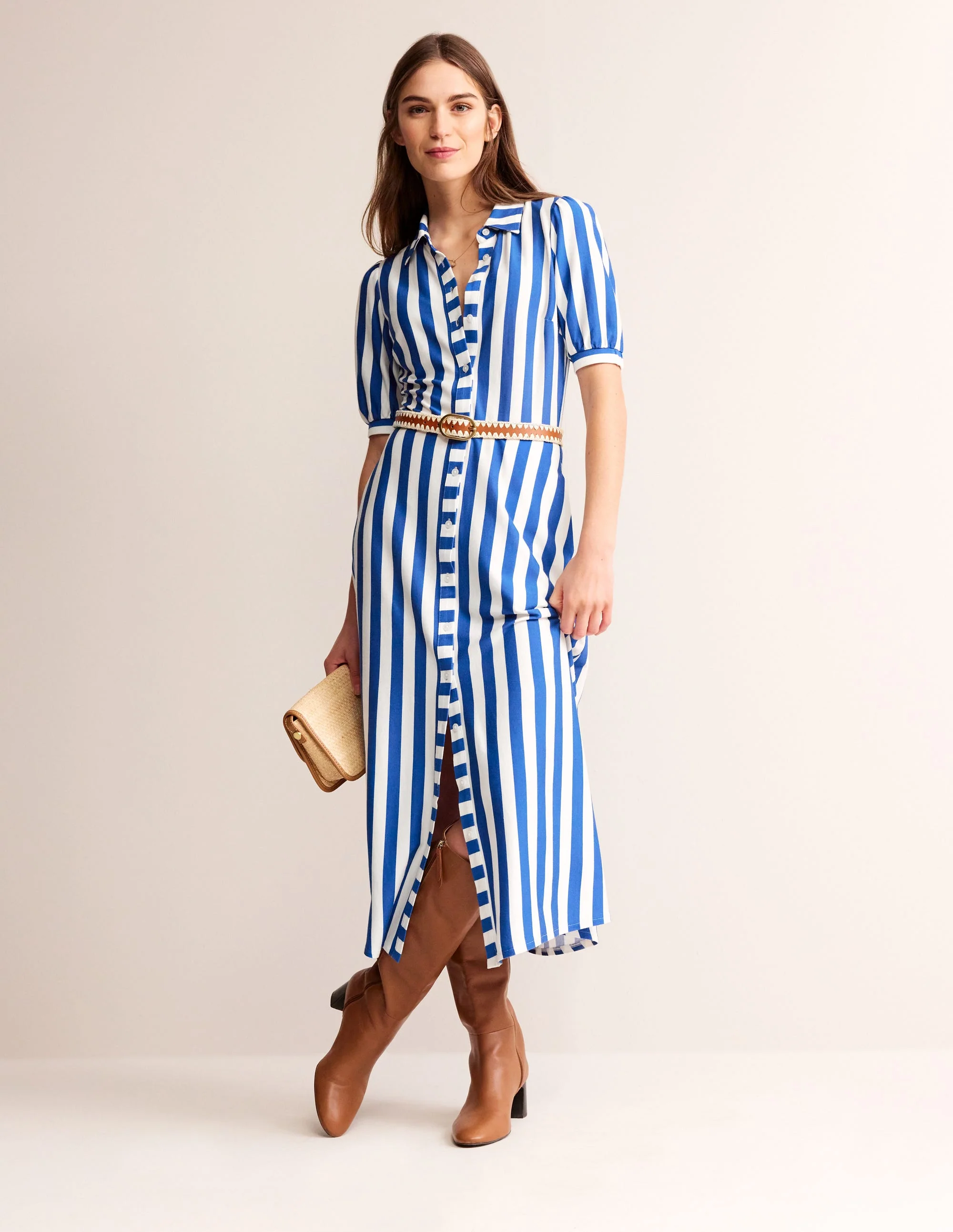 Libby Jersey Midi Shirt Dress-Blue, Ivory Stripe - Image 6