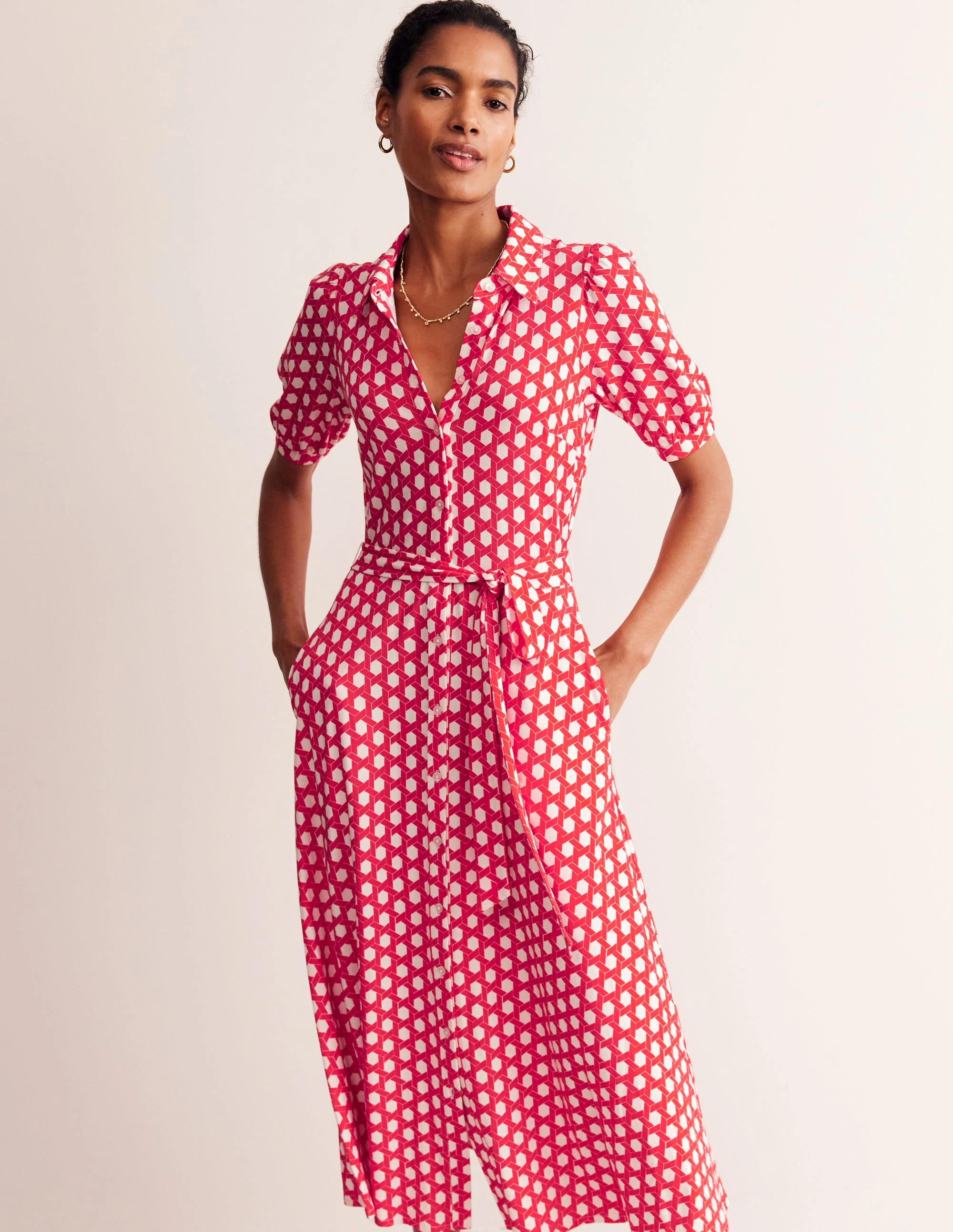 Libby Jersey Midi Shirt Dress-Flame Scarlet, Honeycomb Geo - Image 3
