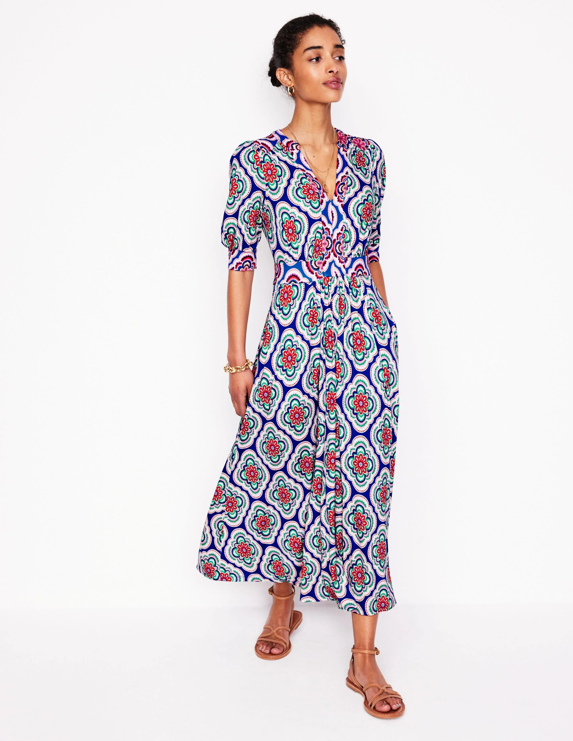 Lily Jersey Midi Tea Dress-Bright Blue, Botanic Blush - Image 4