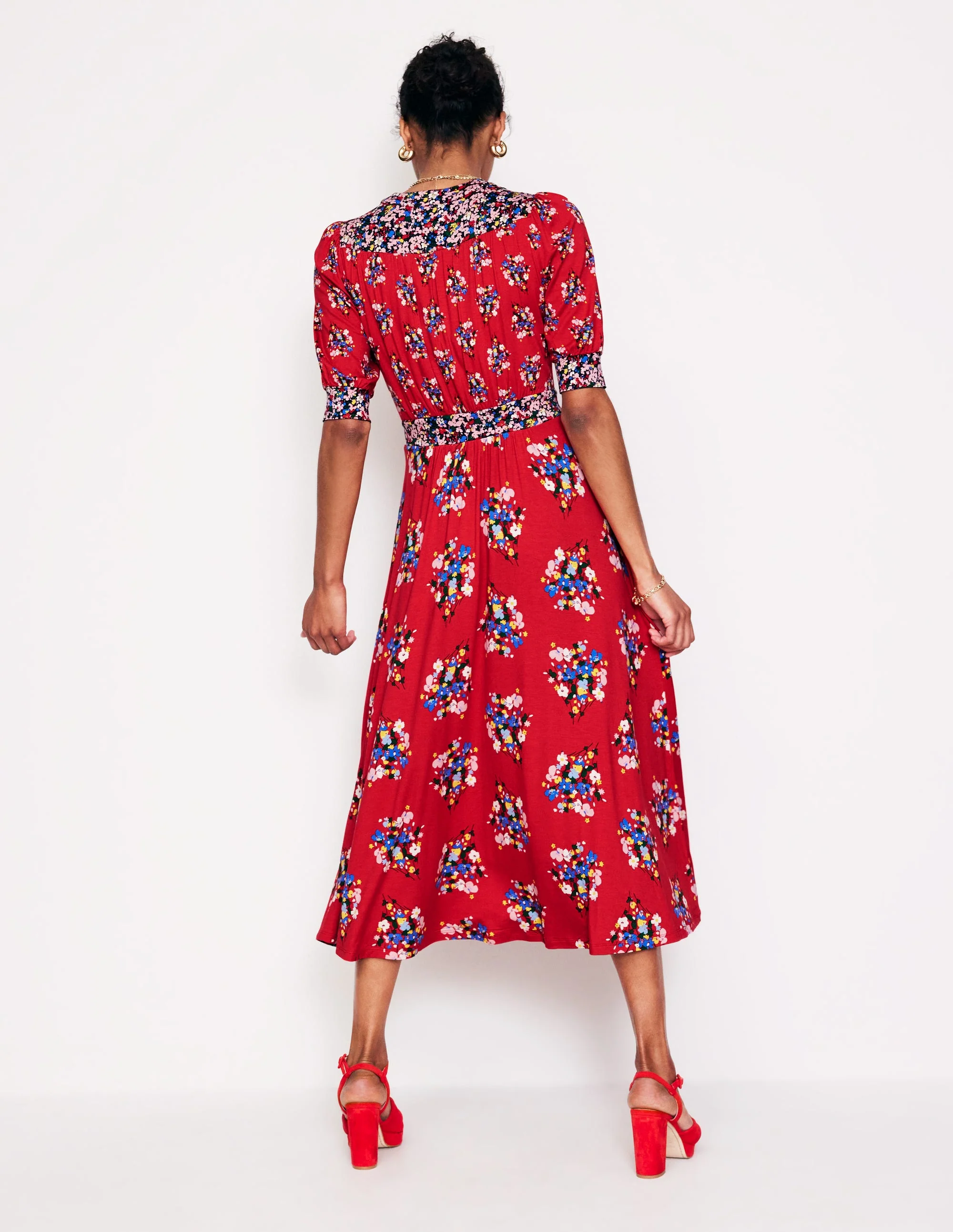 Lily Jersey Midi Tea Dress-Bright Ruby, Poppy Bouquet - Image 3