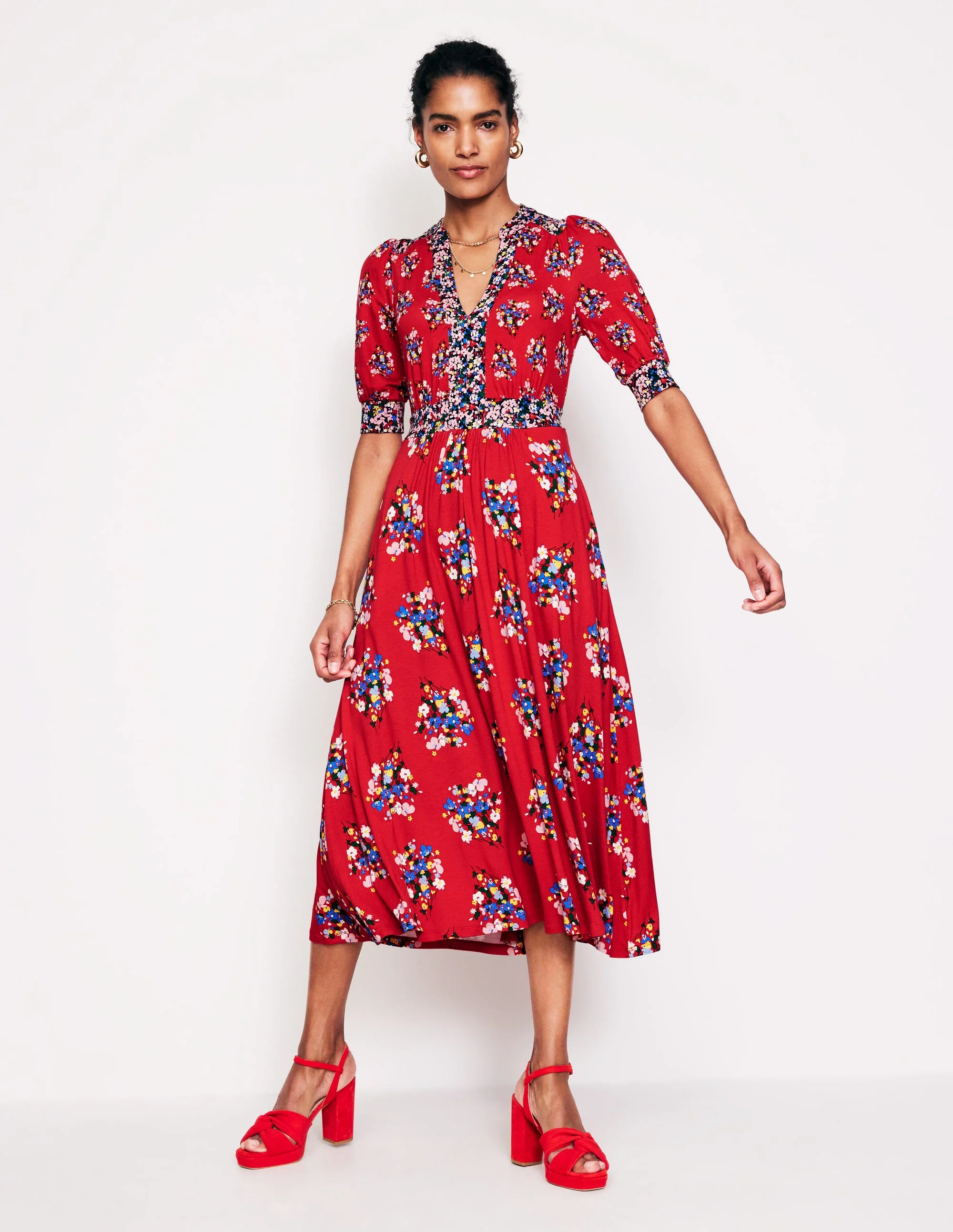 Lily Jersey Midi Tea Dress-Bright Ruby, Poppy Bouquet - Image 4